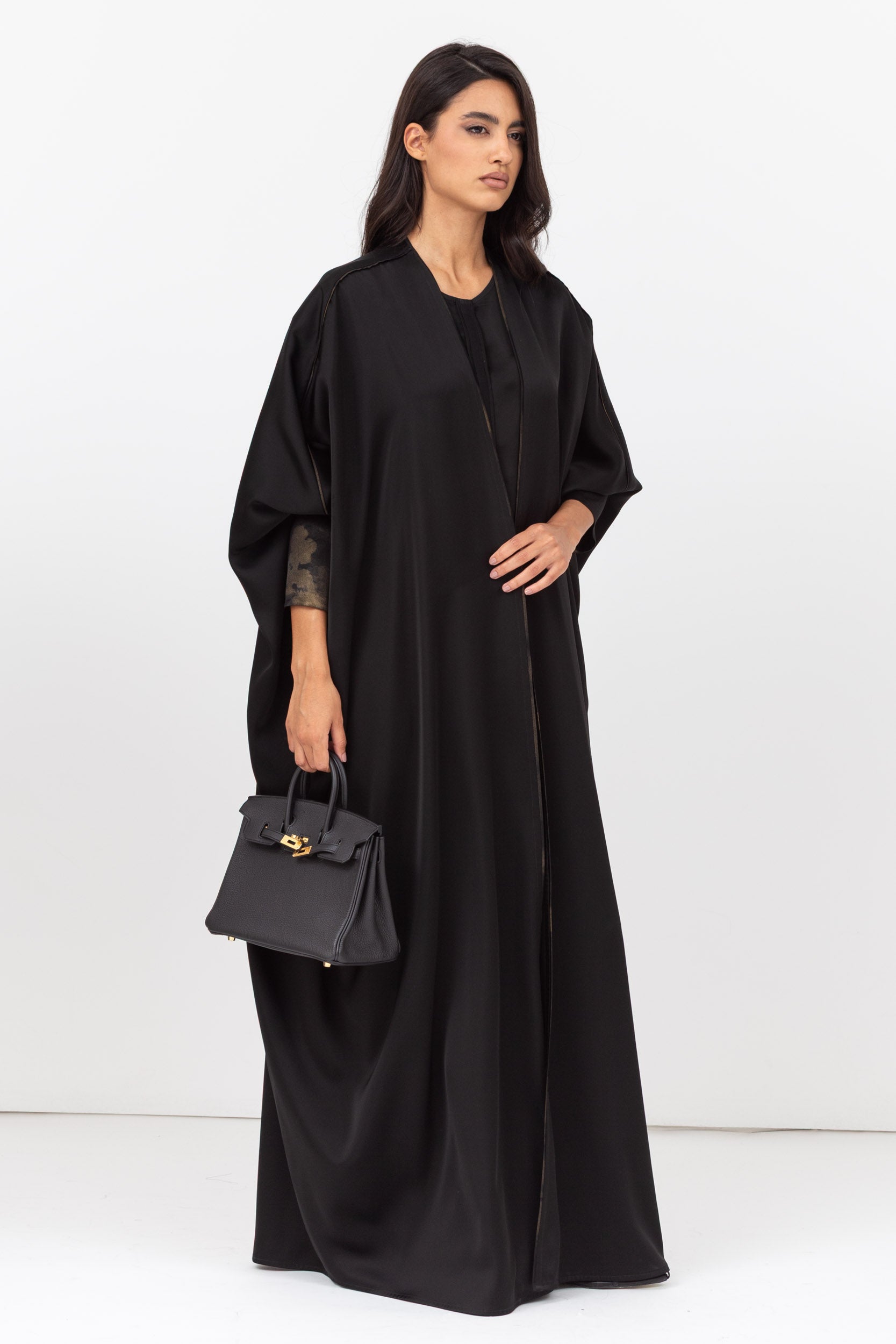 Butterfly Abaya in Black with Cuff and Piping in Golden Brushstrokes