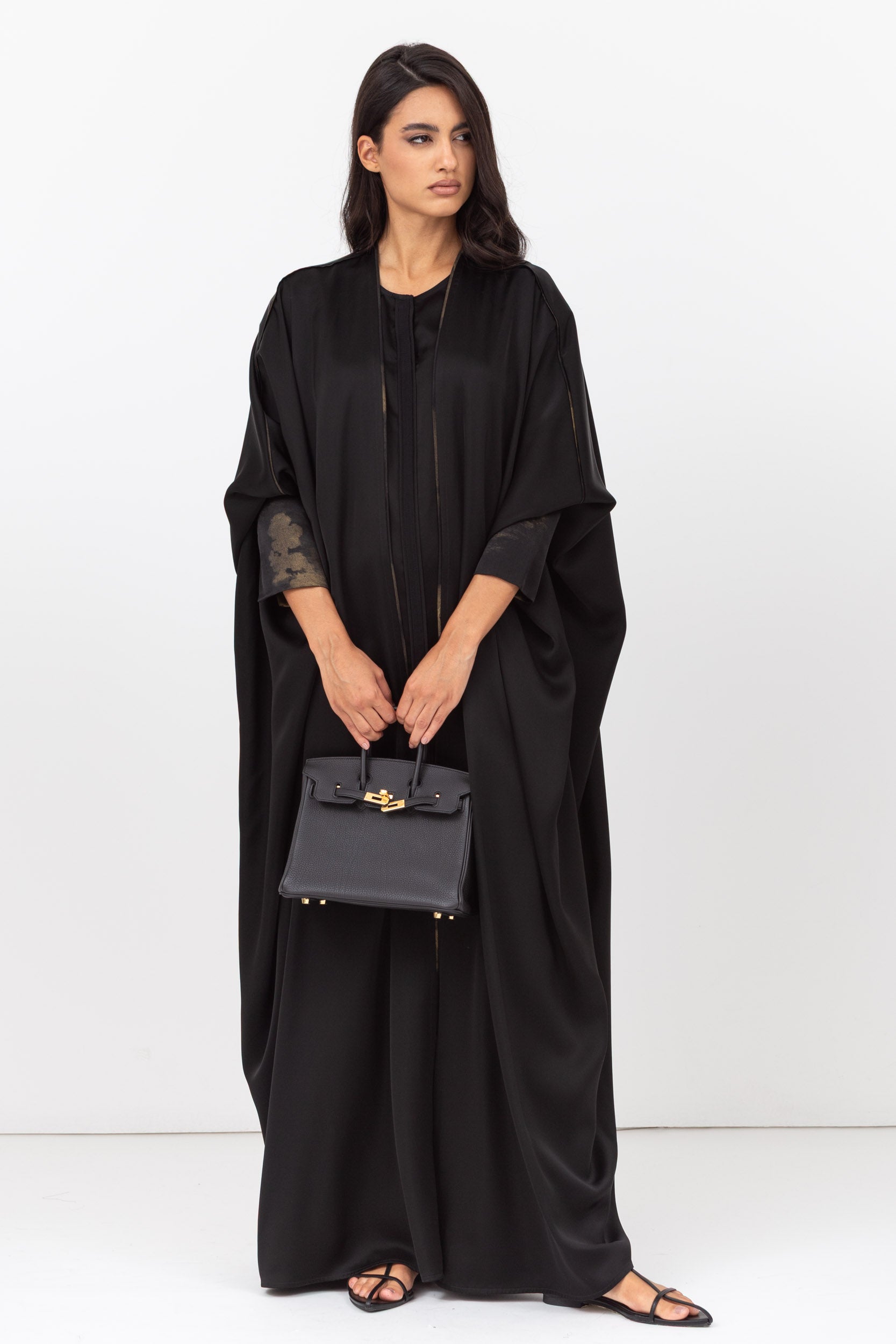 Butterfly Abaya in Black with Cuff and Piping in Golden Brushstrokes