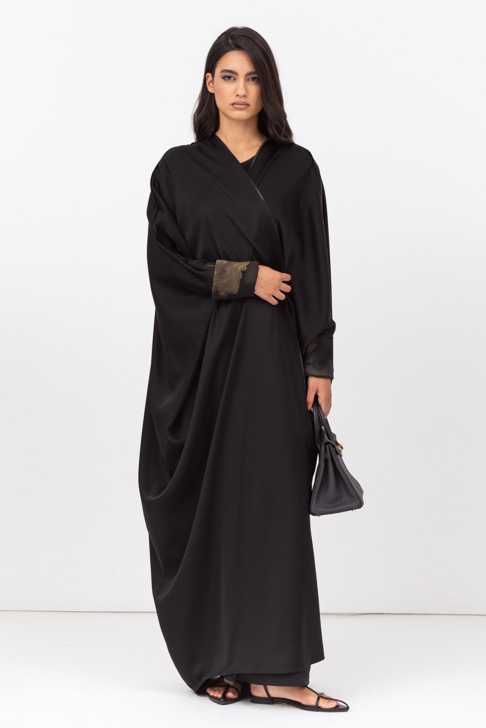 Butterfly Abaya in Black with Cuff and Piping in Golden Brushstrokes