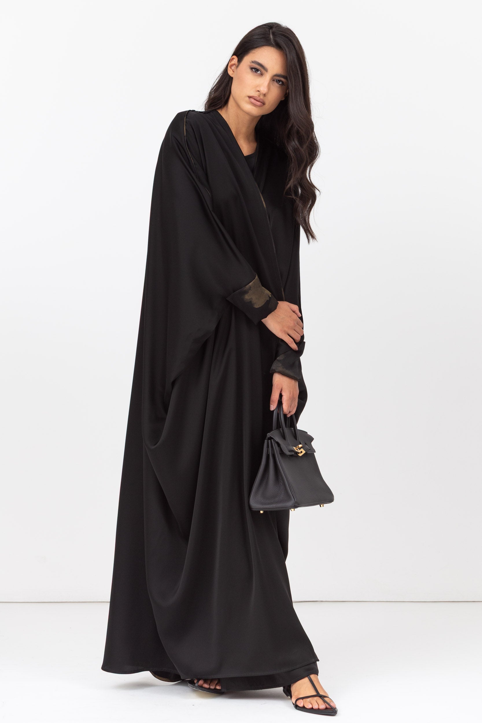 Butterfly Abaya in Black with Cuff and Piping in Golden Brushstrokes