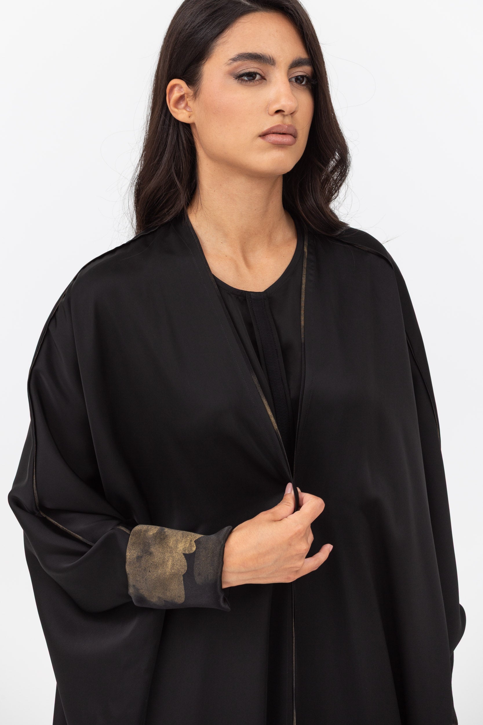 Butterfly Abaya in Black with Cuff and Piping in Golden Brushstrokes