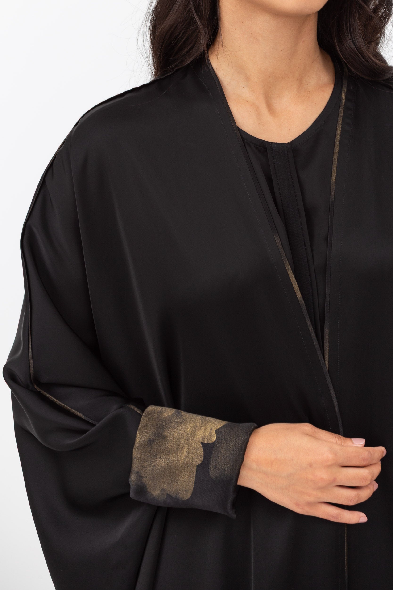 Butterfly Abaya in Black with Cuff and Piping in Golden Brushstrokes