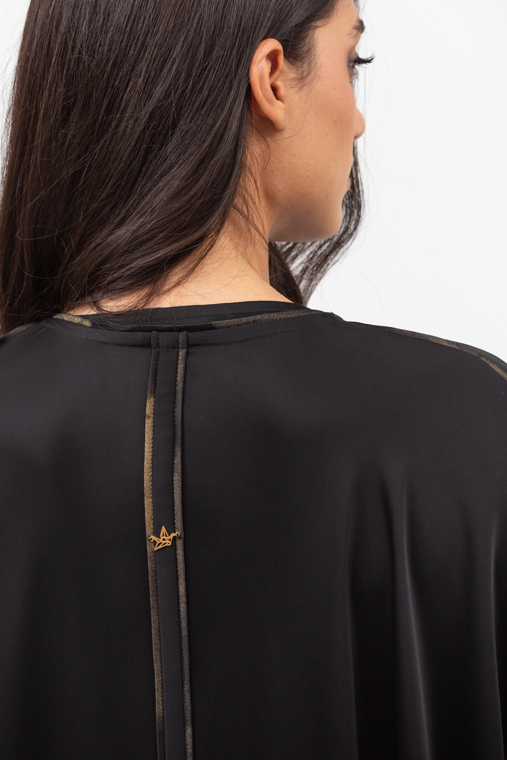 Butterfly Abaya in Black with Cuff and Piping in Golden Brushstrokes