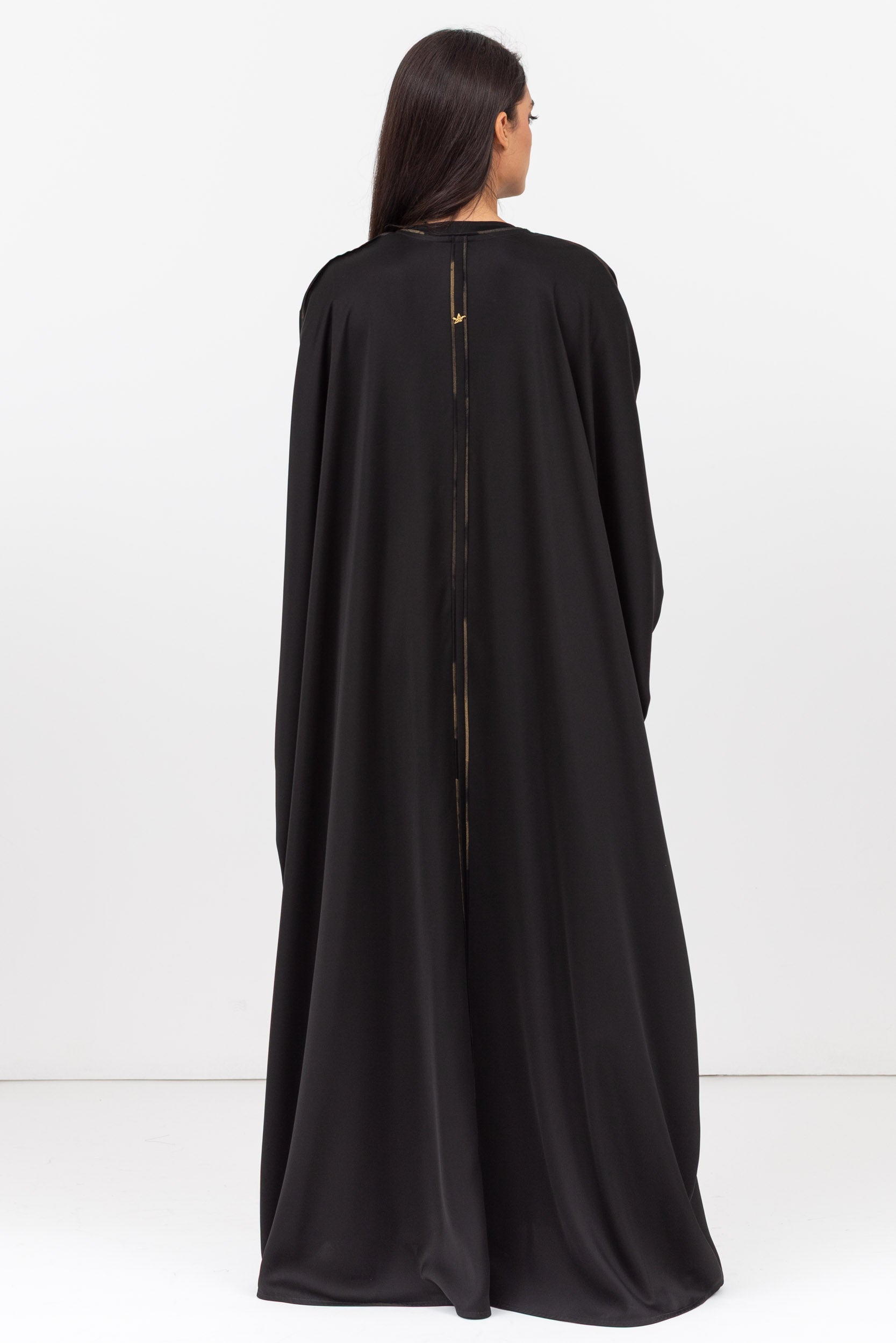 Butterfly Abaya in Black with Cuff and Piping in Golden Brushstrokes