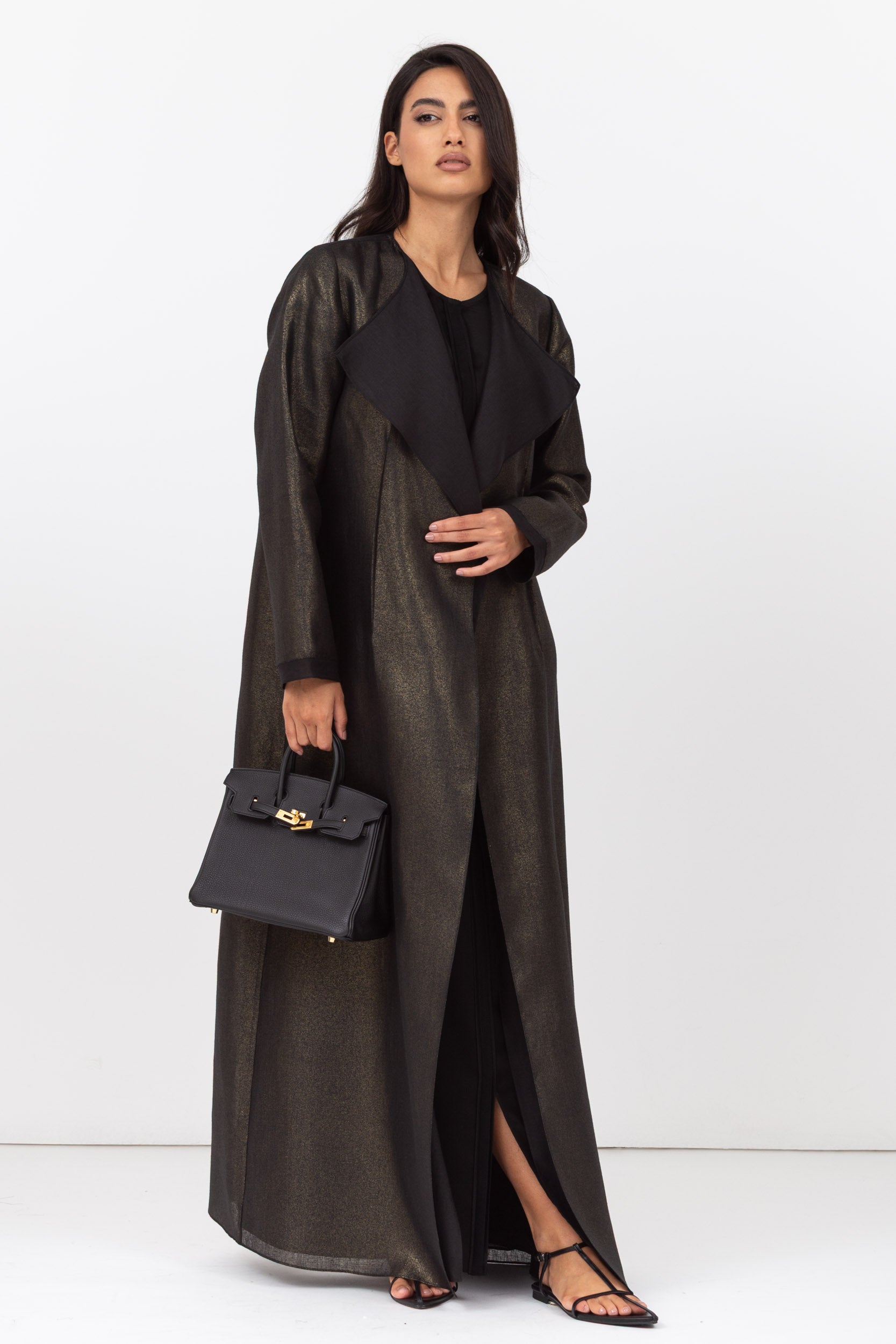 Loose Double Collar Linen Abaya Black - Gold