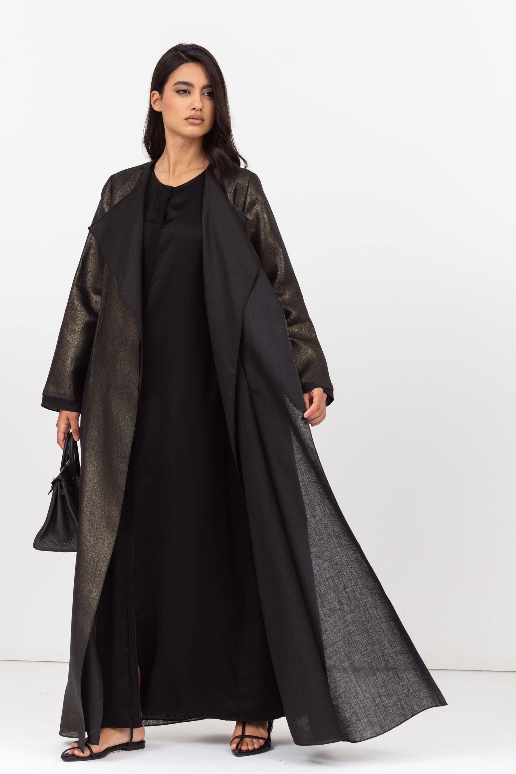 Loose Double Collar Linen Abaya Black - Gold