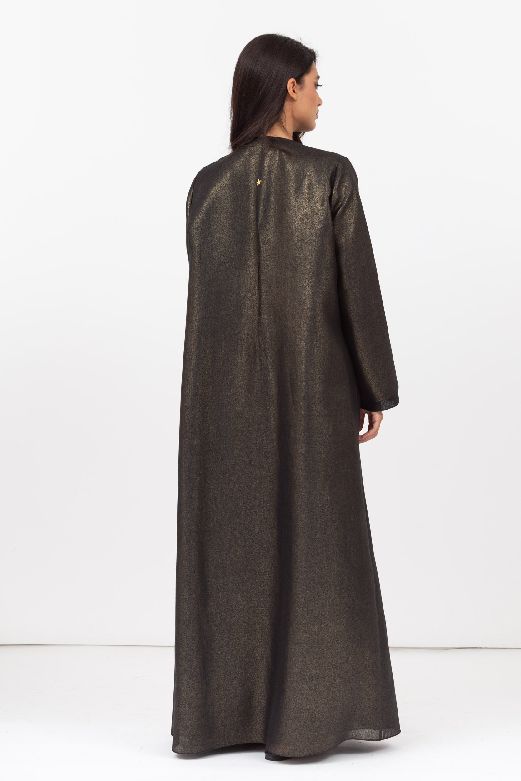 Loose Double Collar Linen Abaya Black - Gold