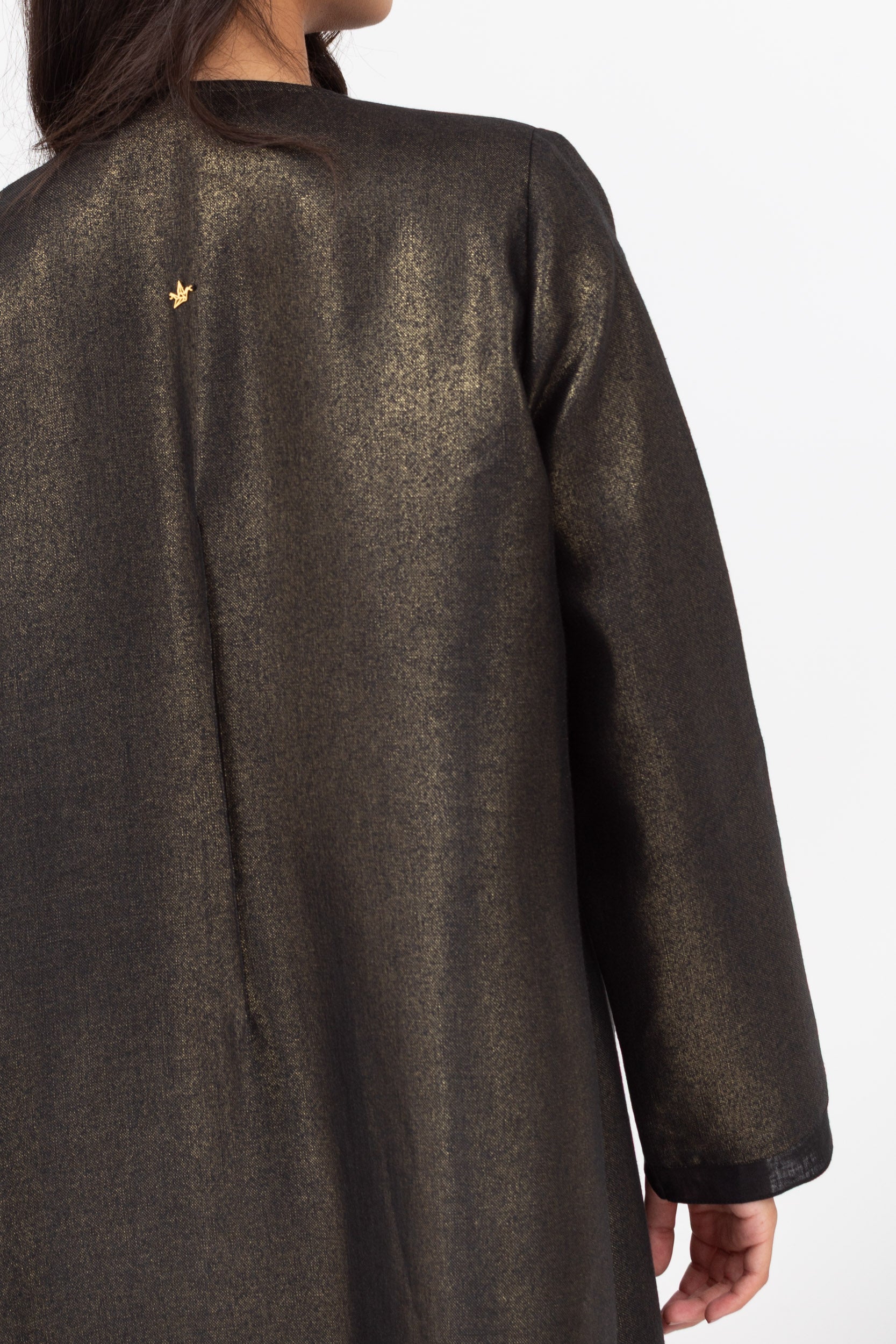 Loose Double Collar Linen Abaya Black - Gold