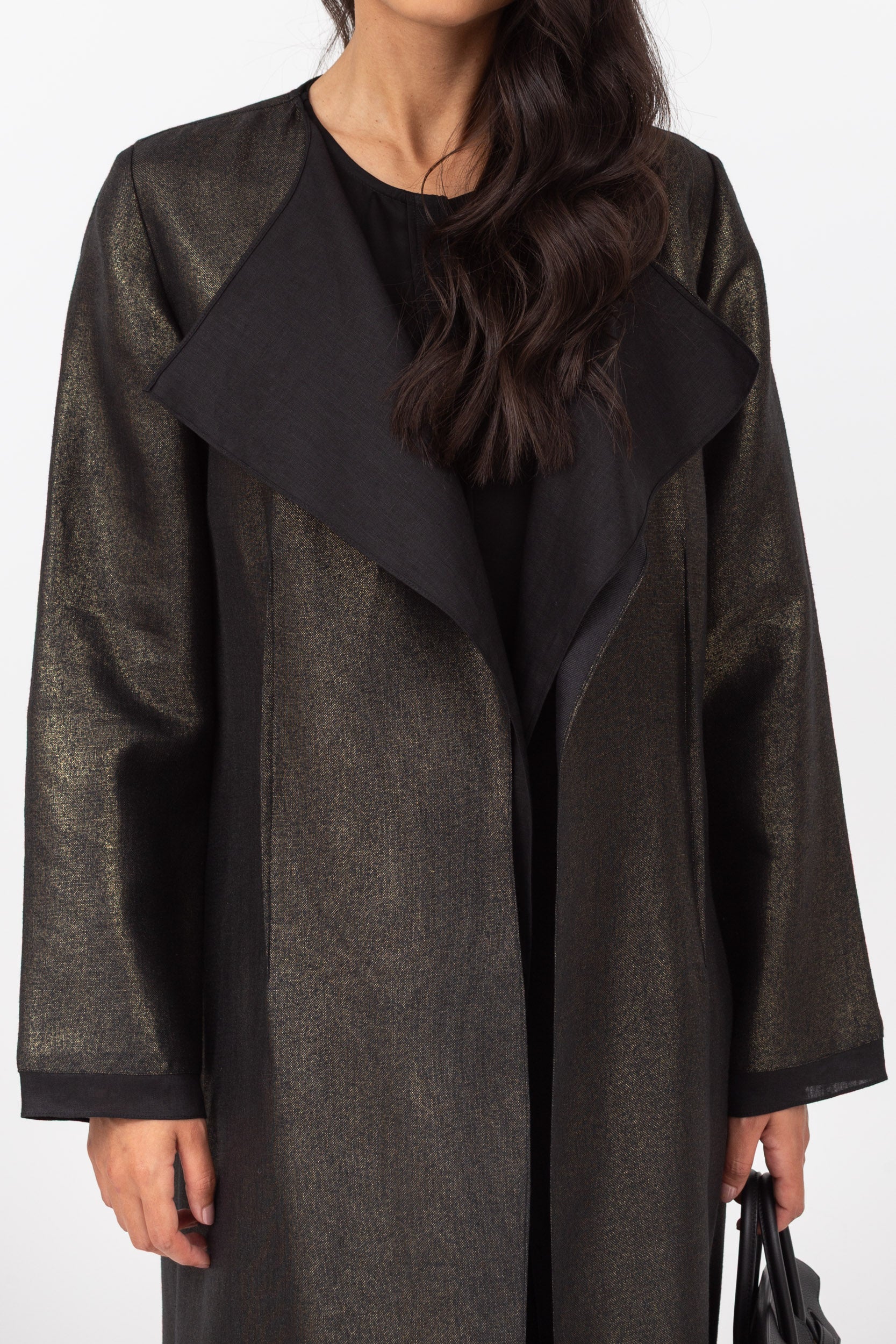 Loose Double Collar Linen Abaya Black - Gold