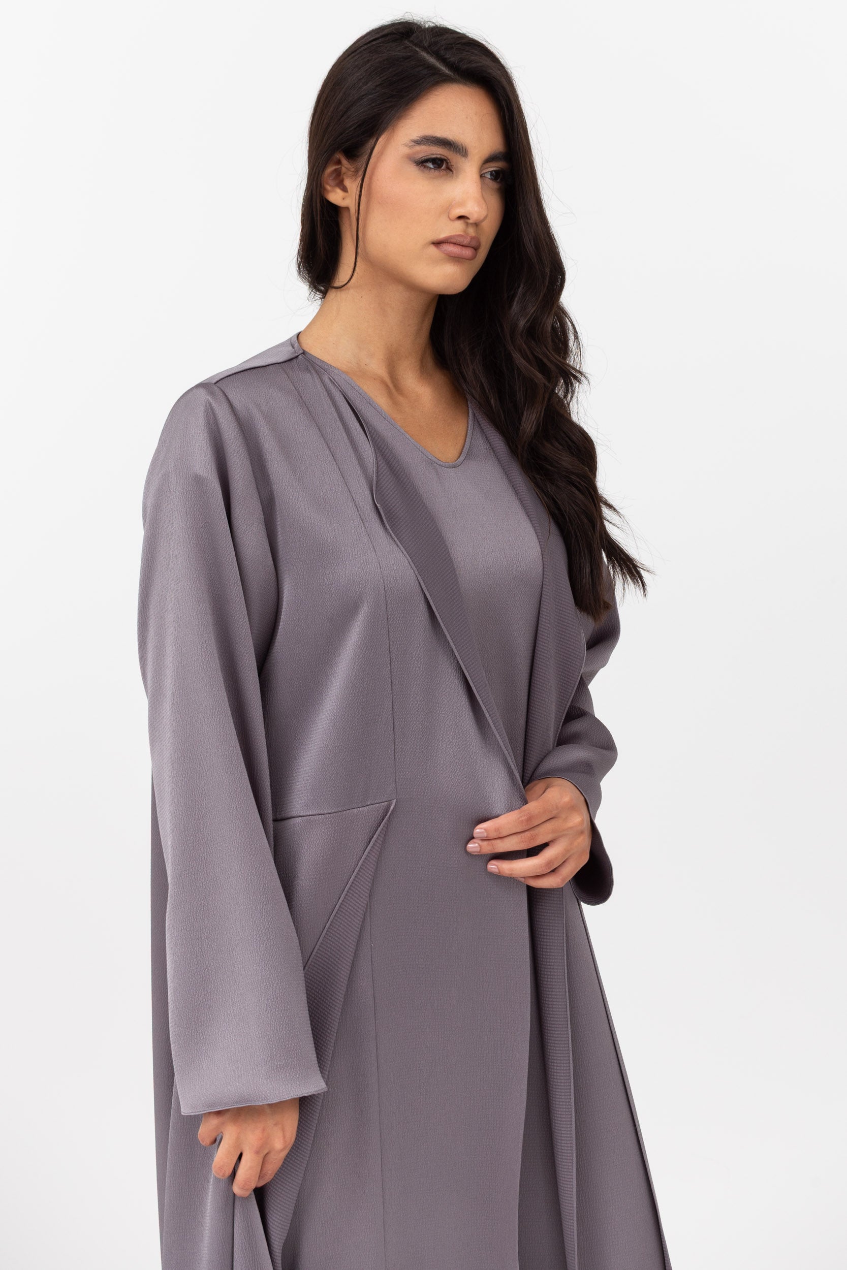 Polished Layer Abaya in Cool Grey RTW