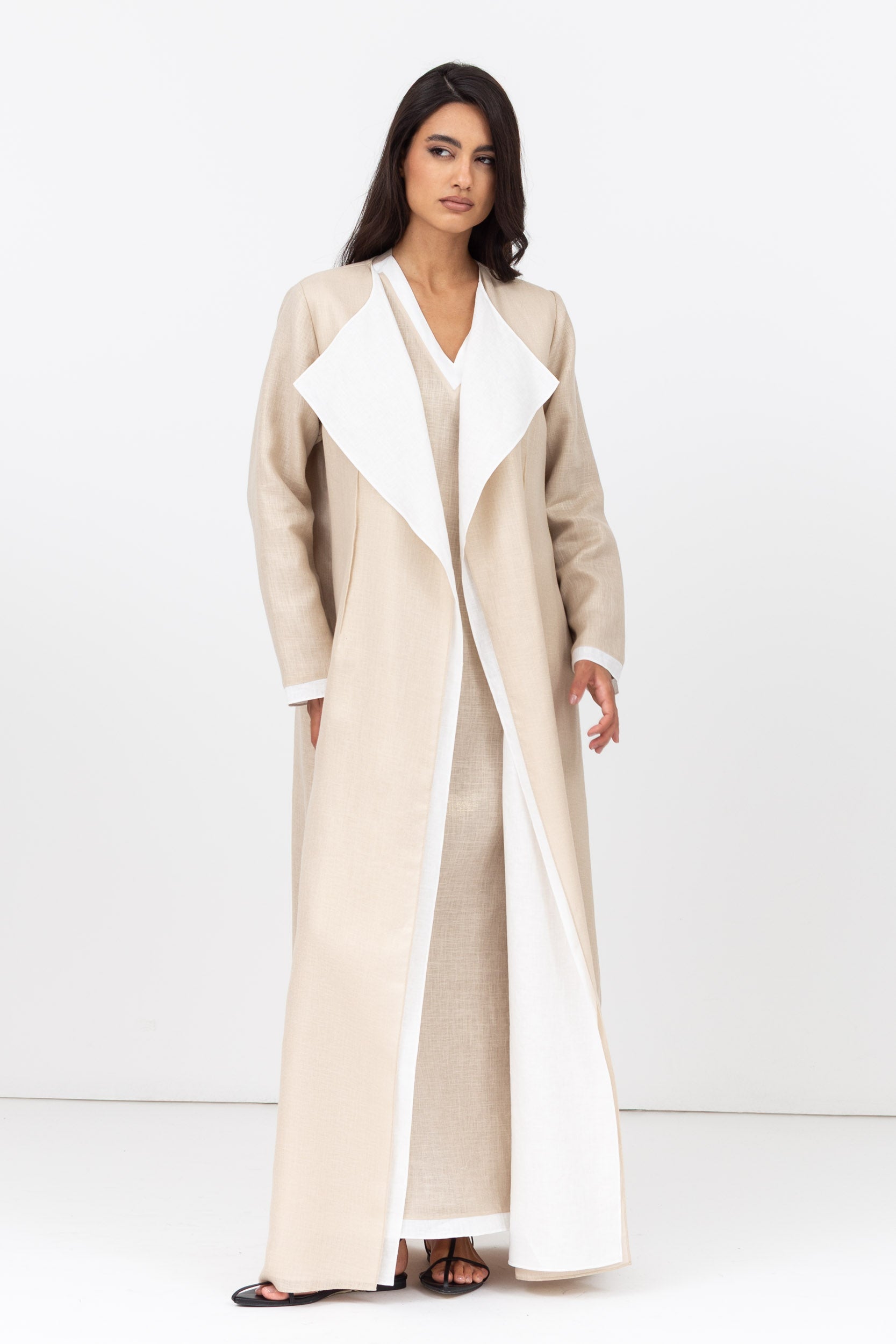 Loose Double Collar Linen Abaya White - Gold RTW