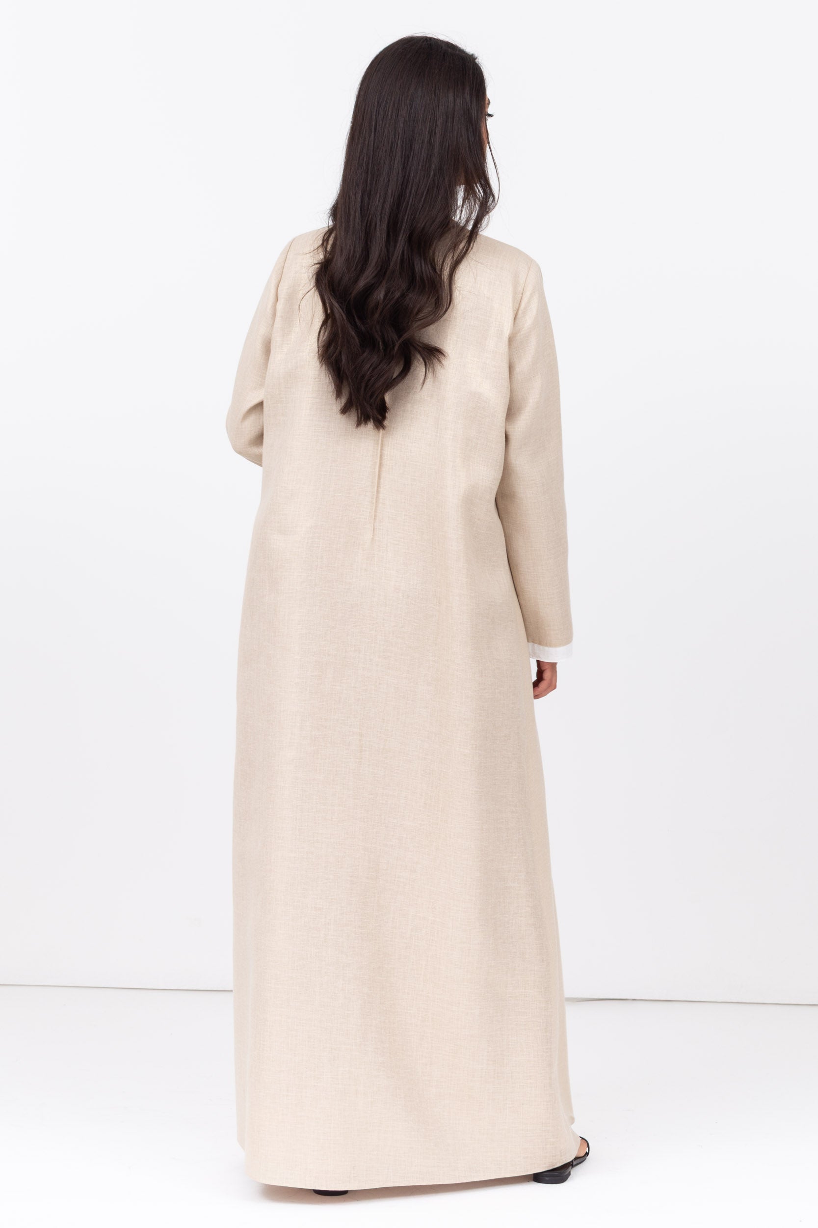 Loose Double Collar Linen Abaya White - Gold RTW