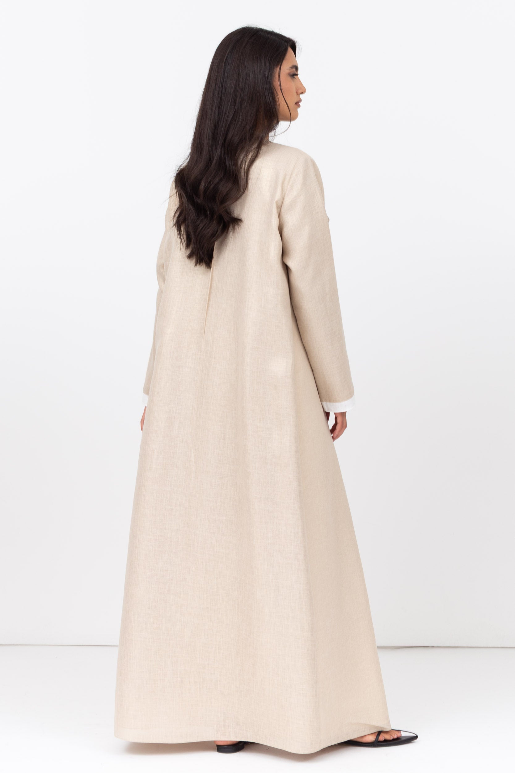 Loose Double Collar Linen Abaya White - Gold RTW