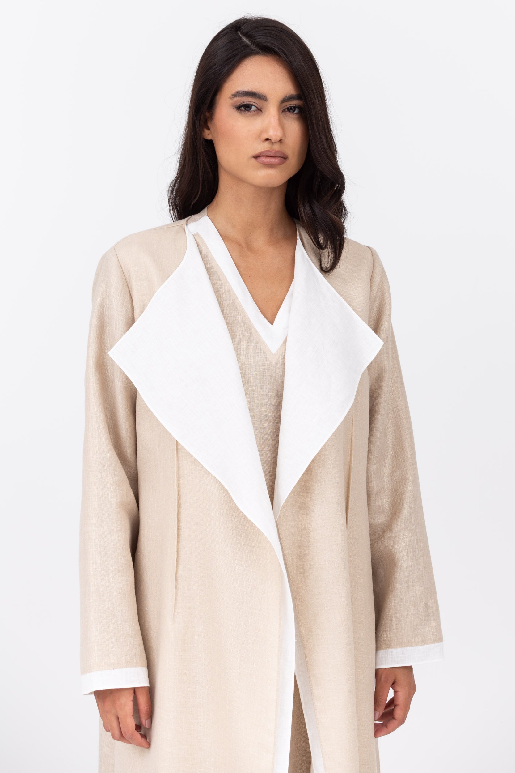 Loose Double Collar Linen Abaya White - Gold RTW
