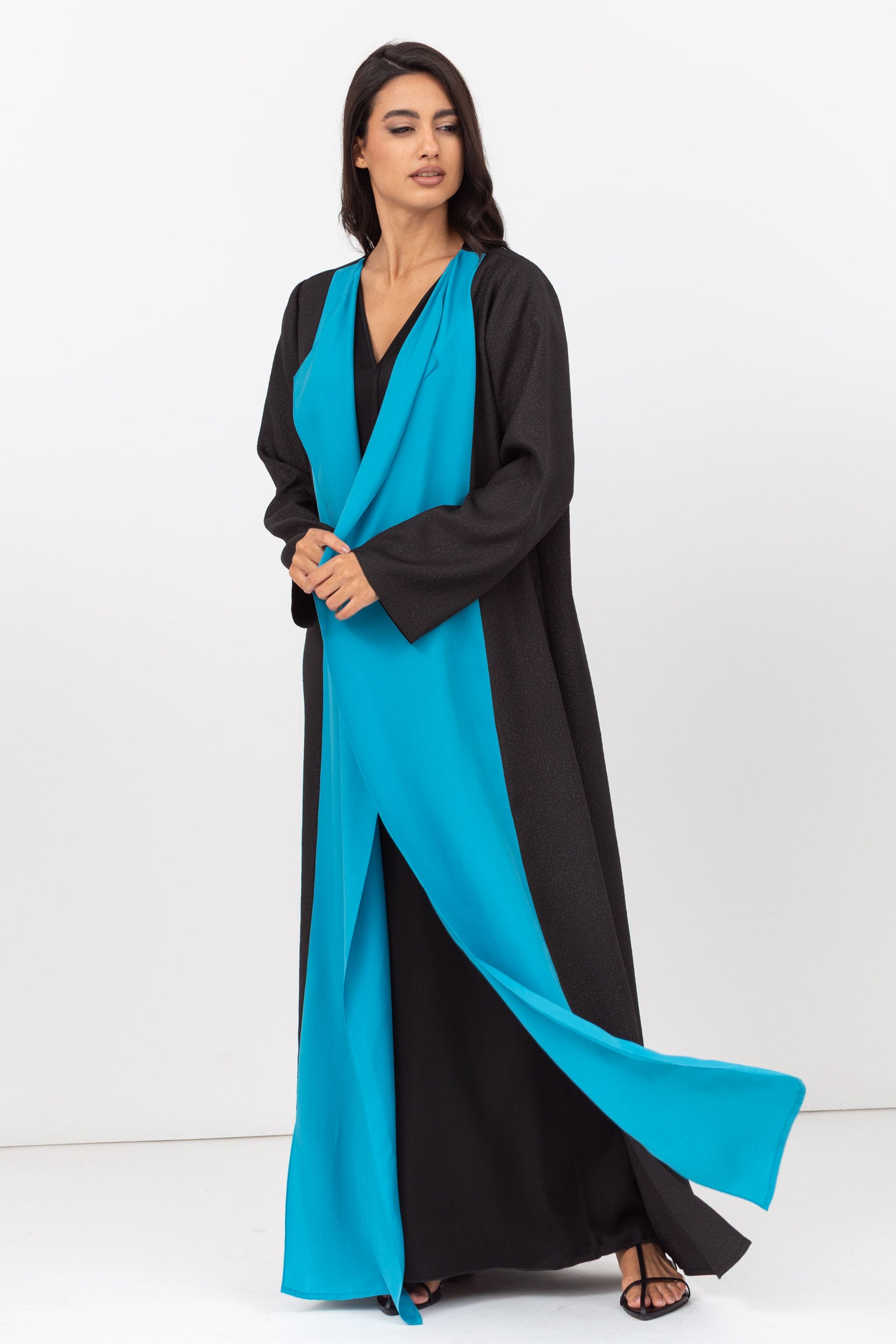 Two Tone Abaya in Turquoise and Textured Black