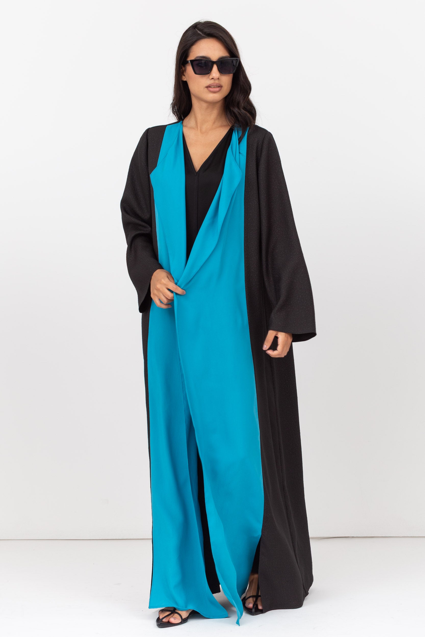 Two Tone Abaya in Turquoise and Textured Black