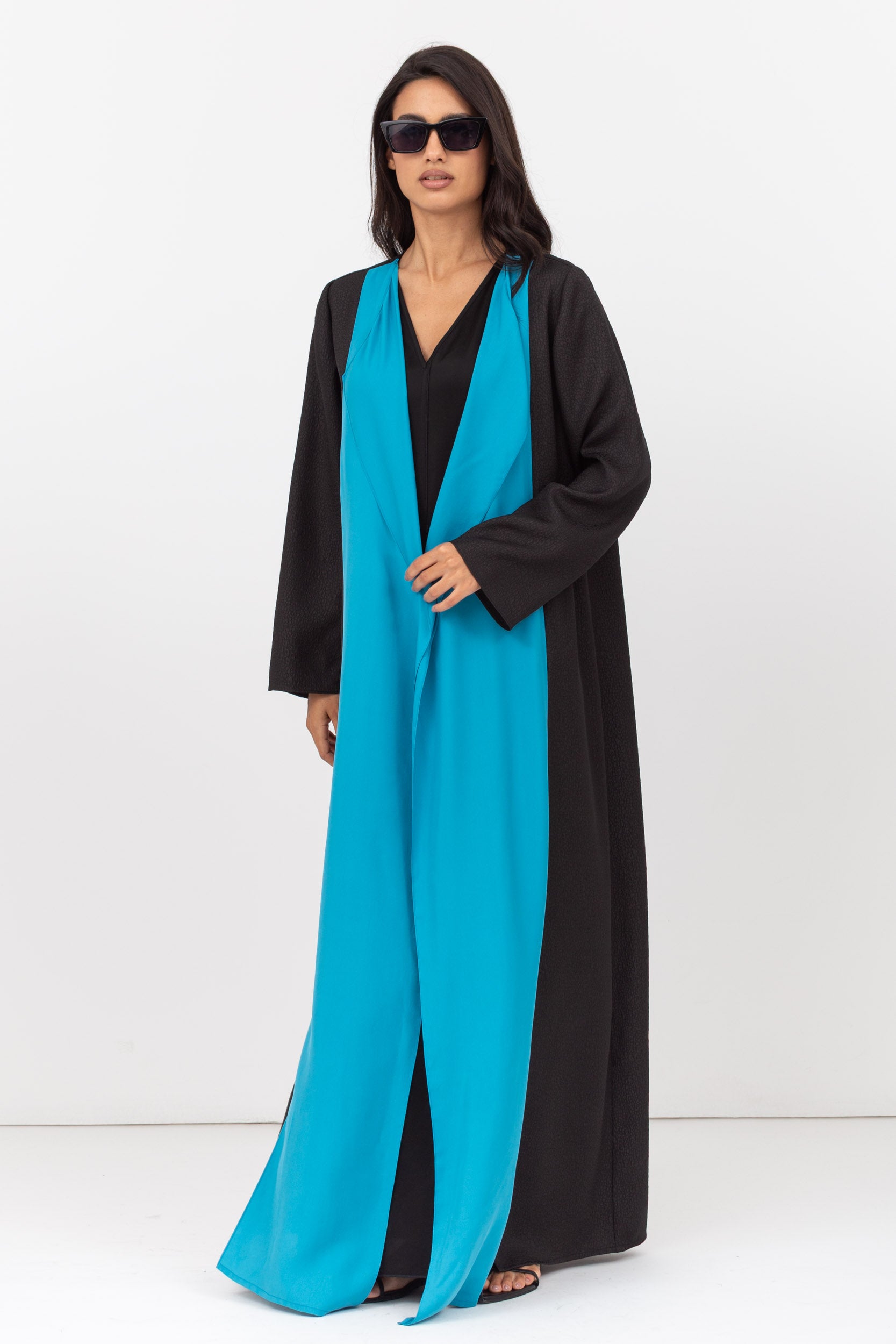 Two Tone Abaya in Turquoise and Textured Black