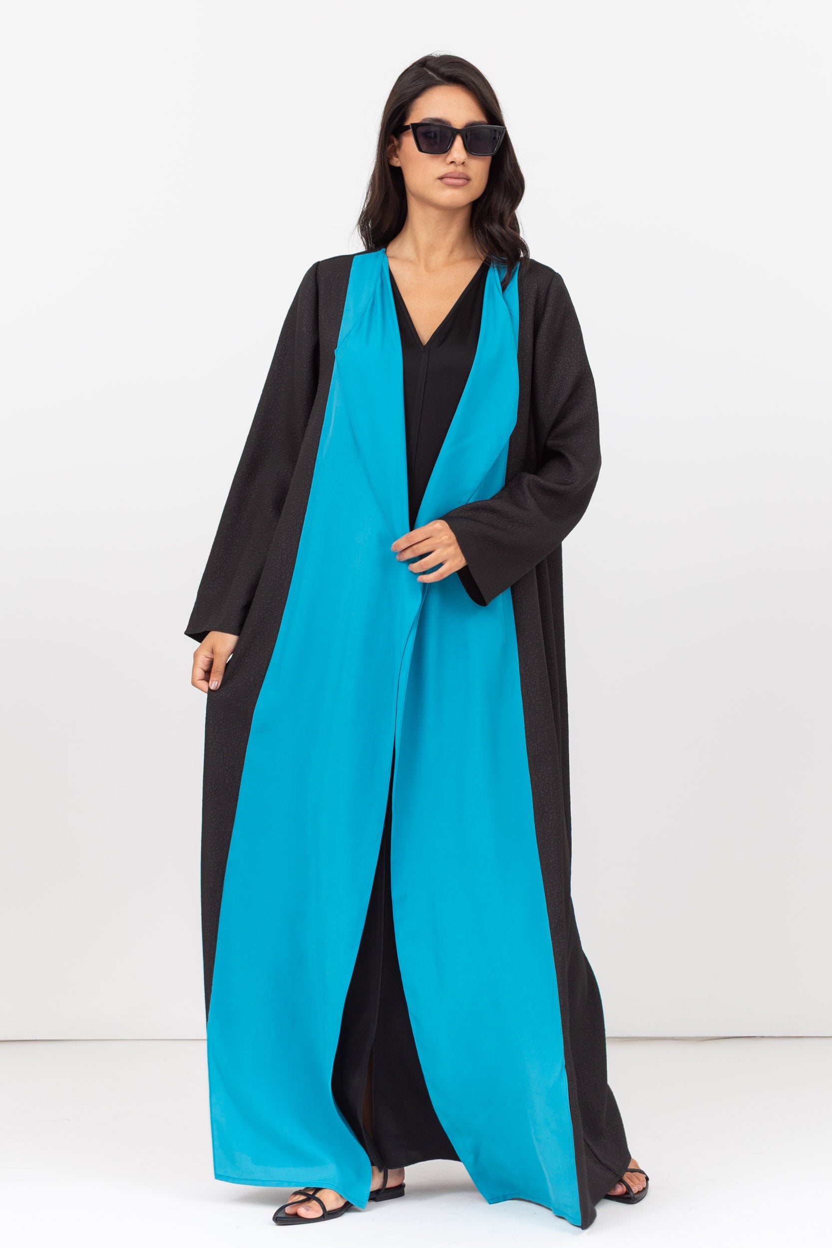 Two Tone Abaya in Turquoise and Textured Black