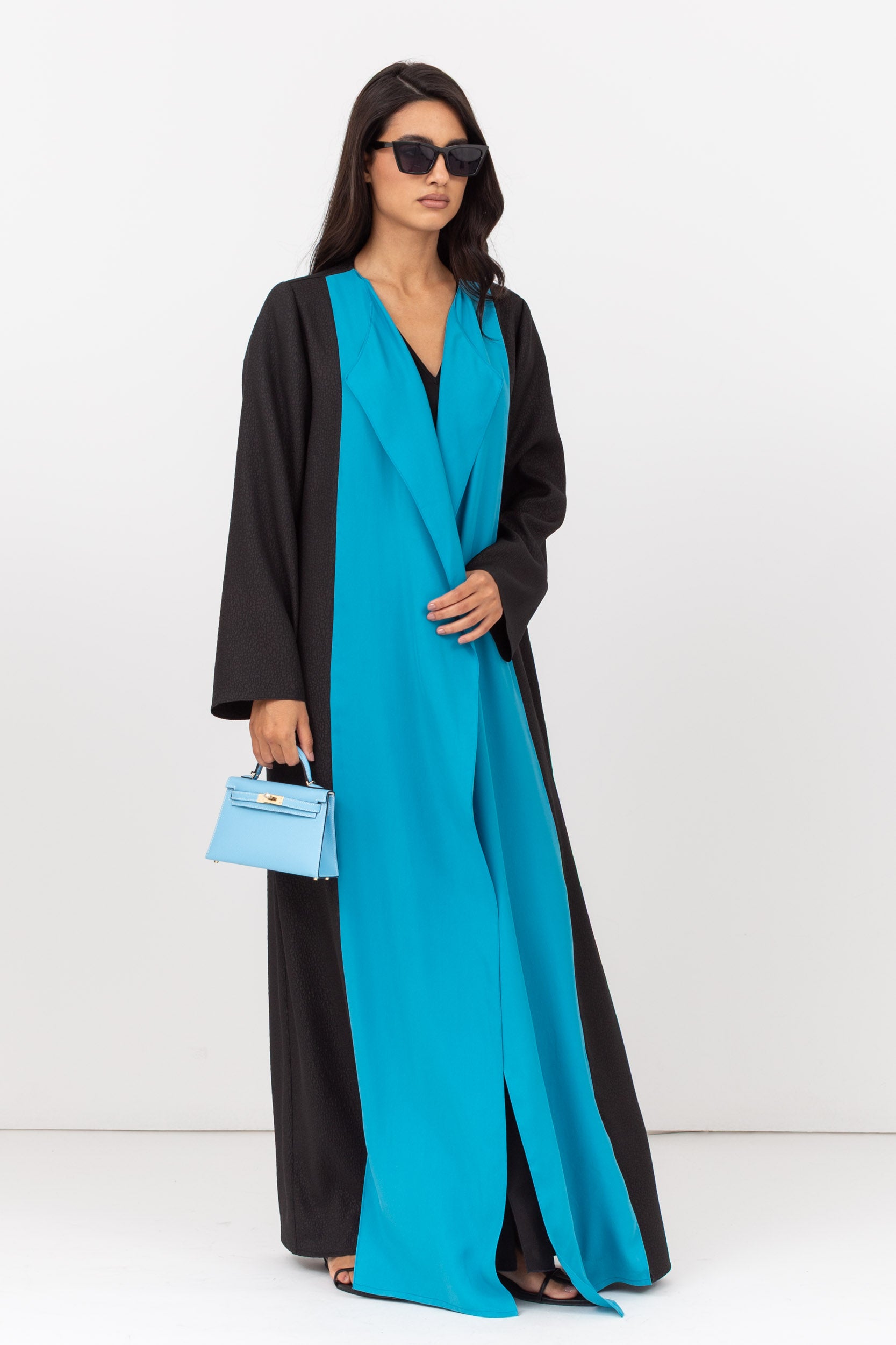 Two Tone Abaya in Turquoise and Textured Black