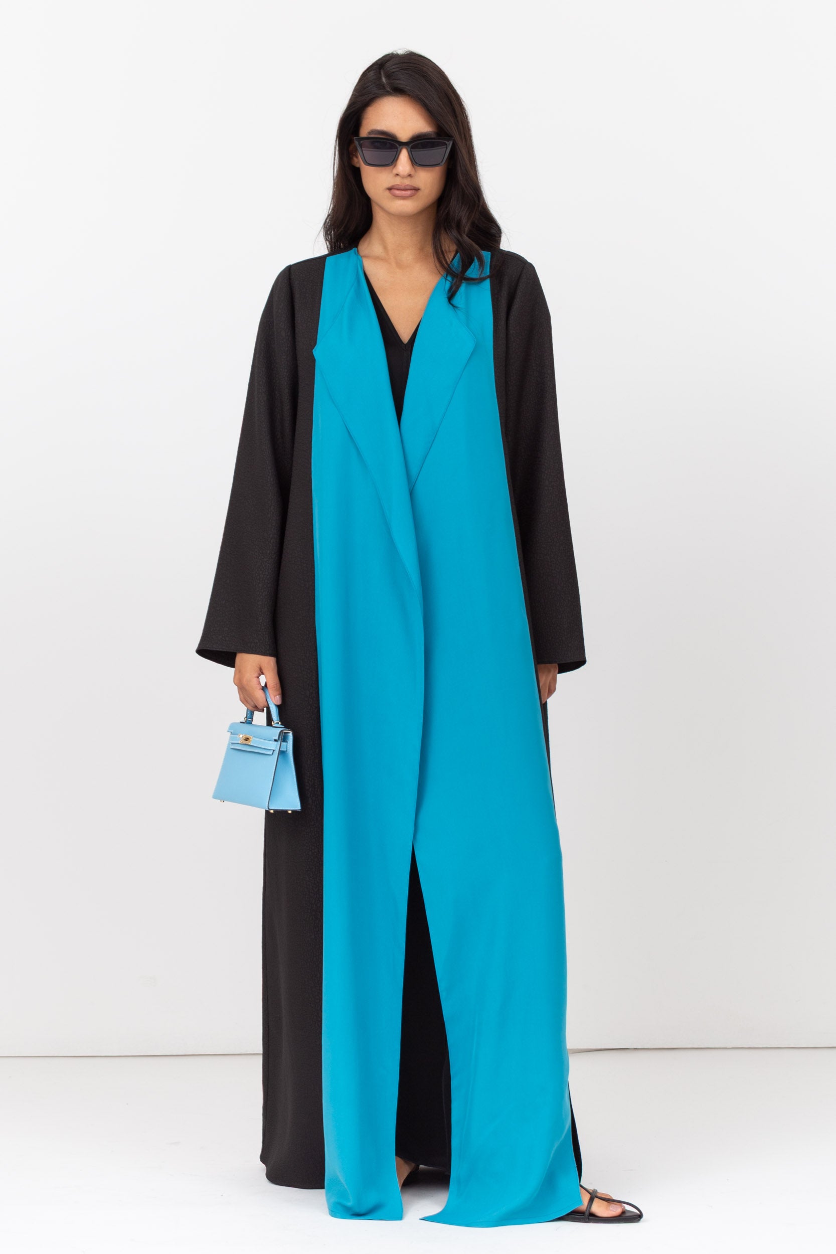 Two Tone Abaya in Turquoise and Textured Black