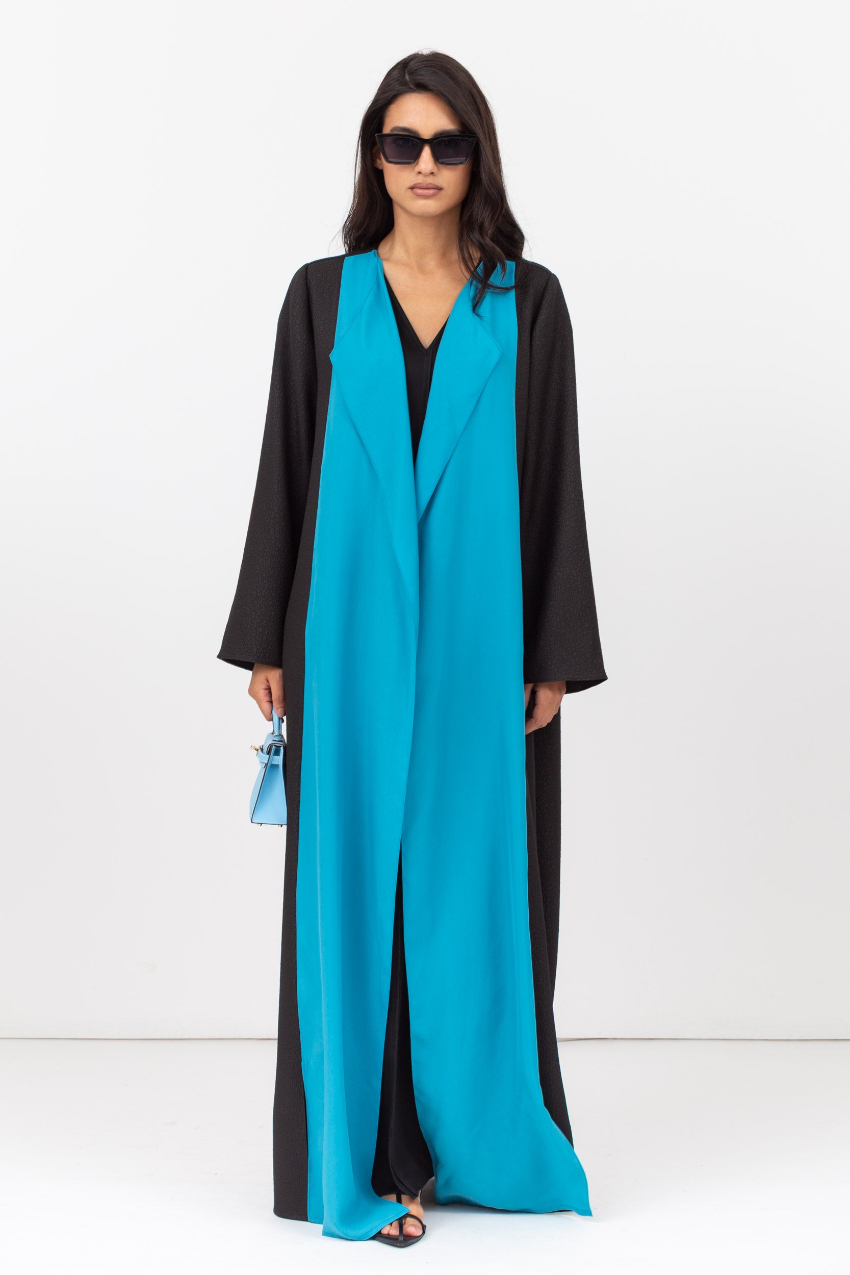 Two Tone Abaya in Turquoise and Textured Black