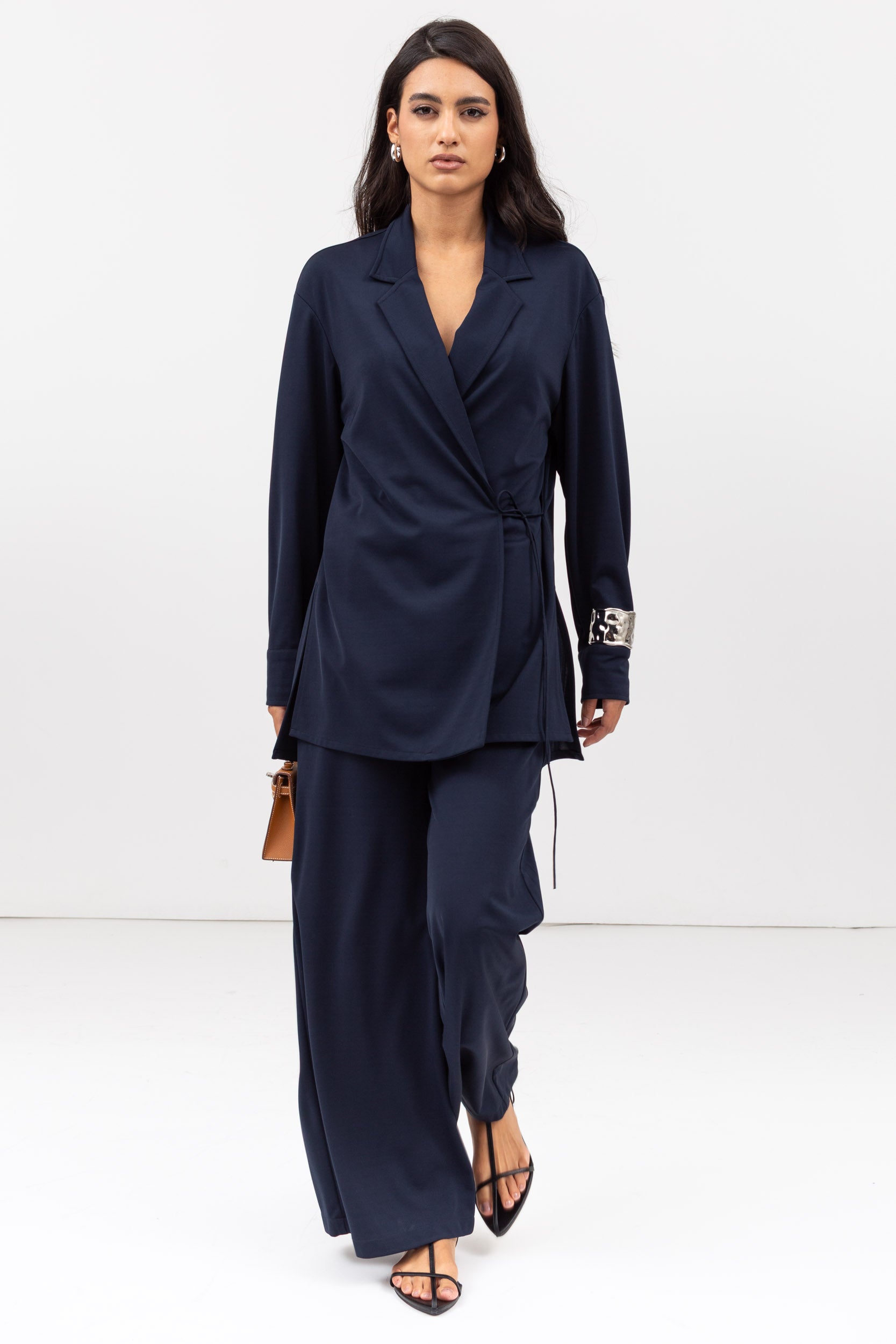 Travel Set : Side tie Jacket and Pants in Navy Blue