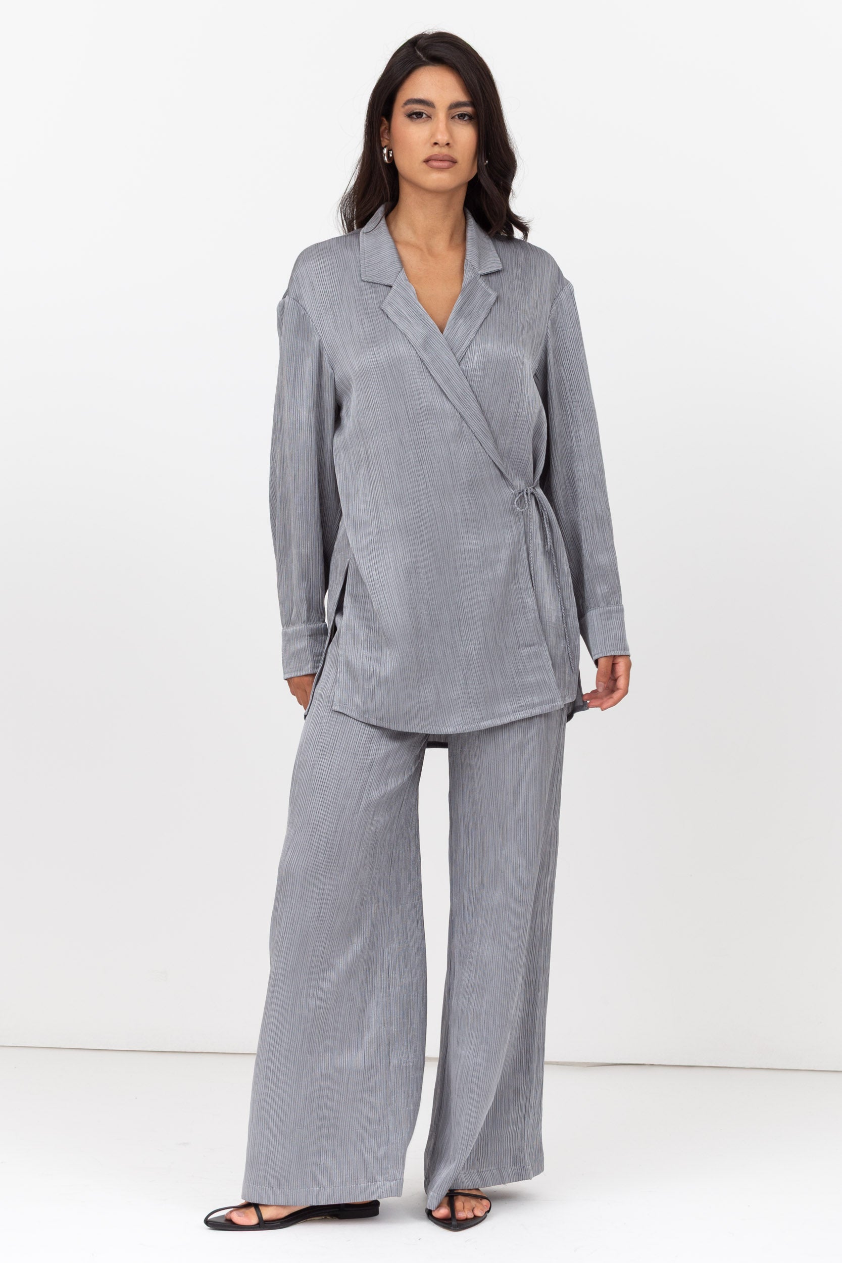 Travel Set : Side Tie Jacket and Pants in Textured Silver Grey