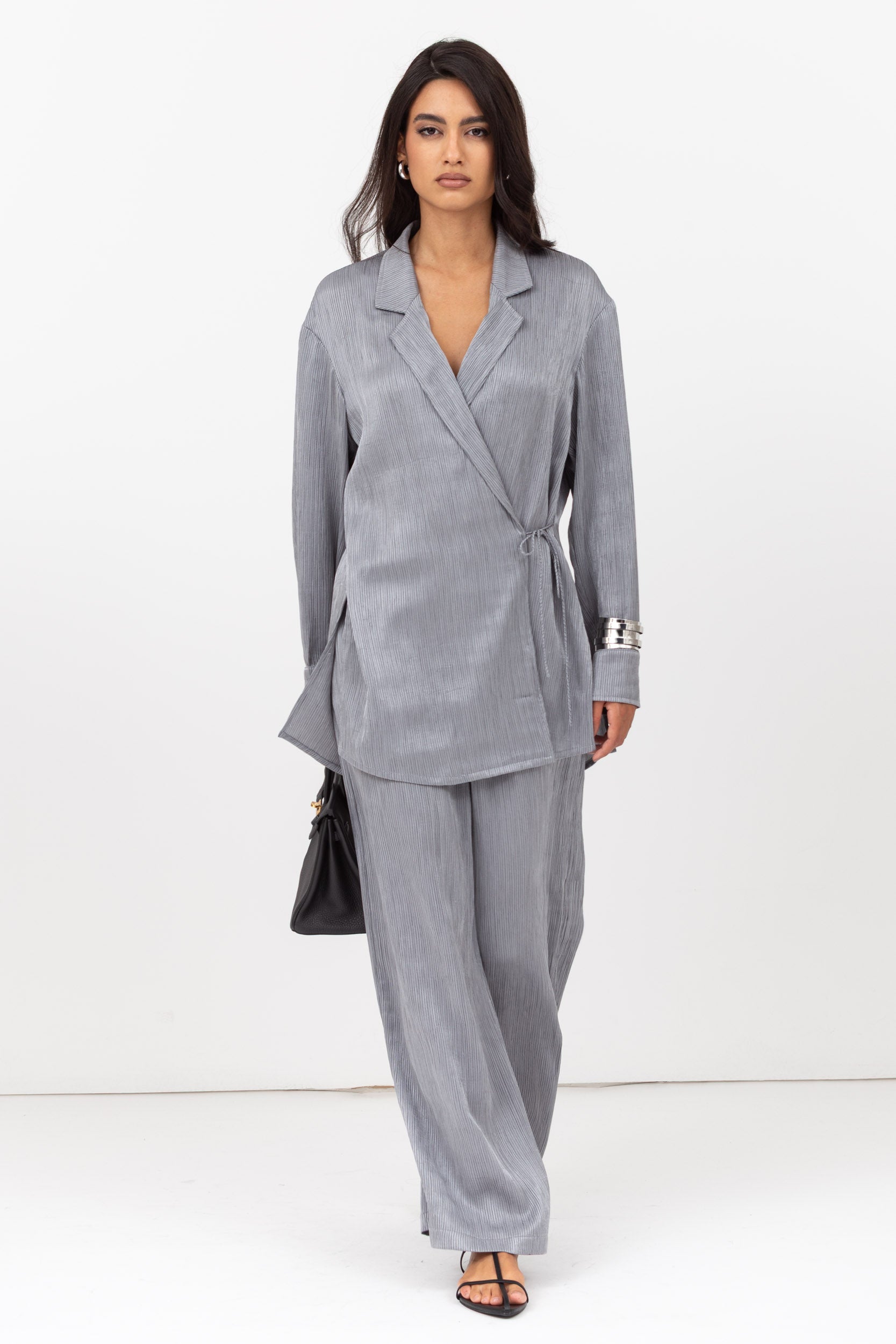 Travel Set : Side Tie Jacket and Pants in Textured Silver Grey