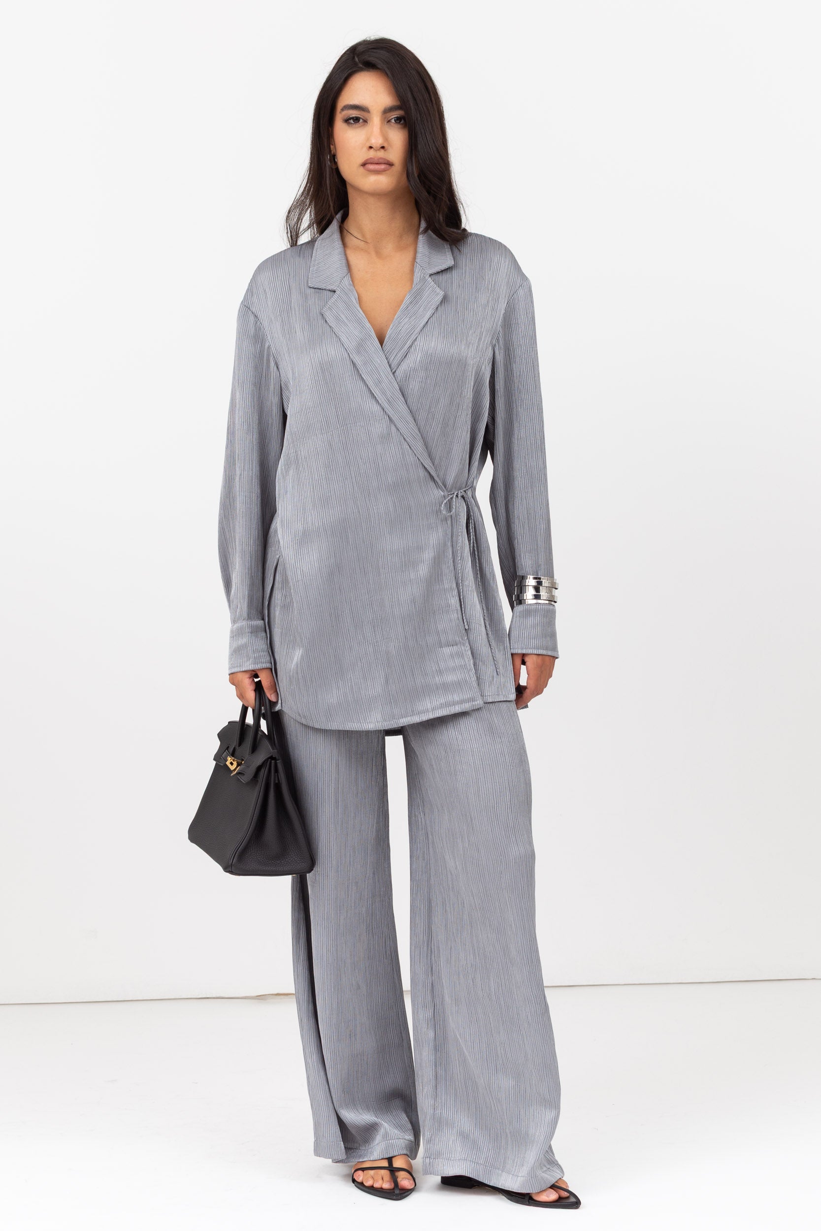 Travel Set : Side Tie Jacket and Pants in Textured Silver Grey