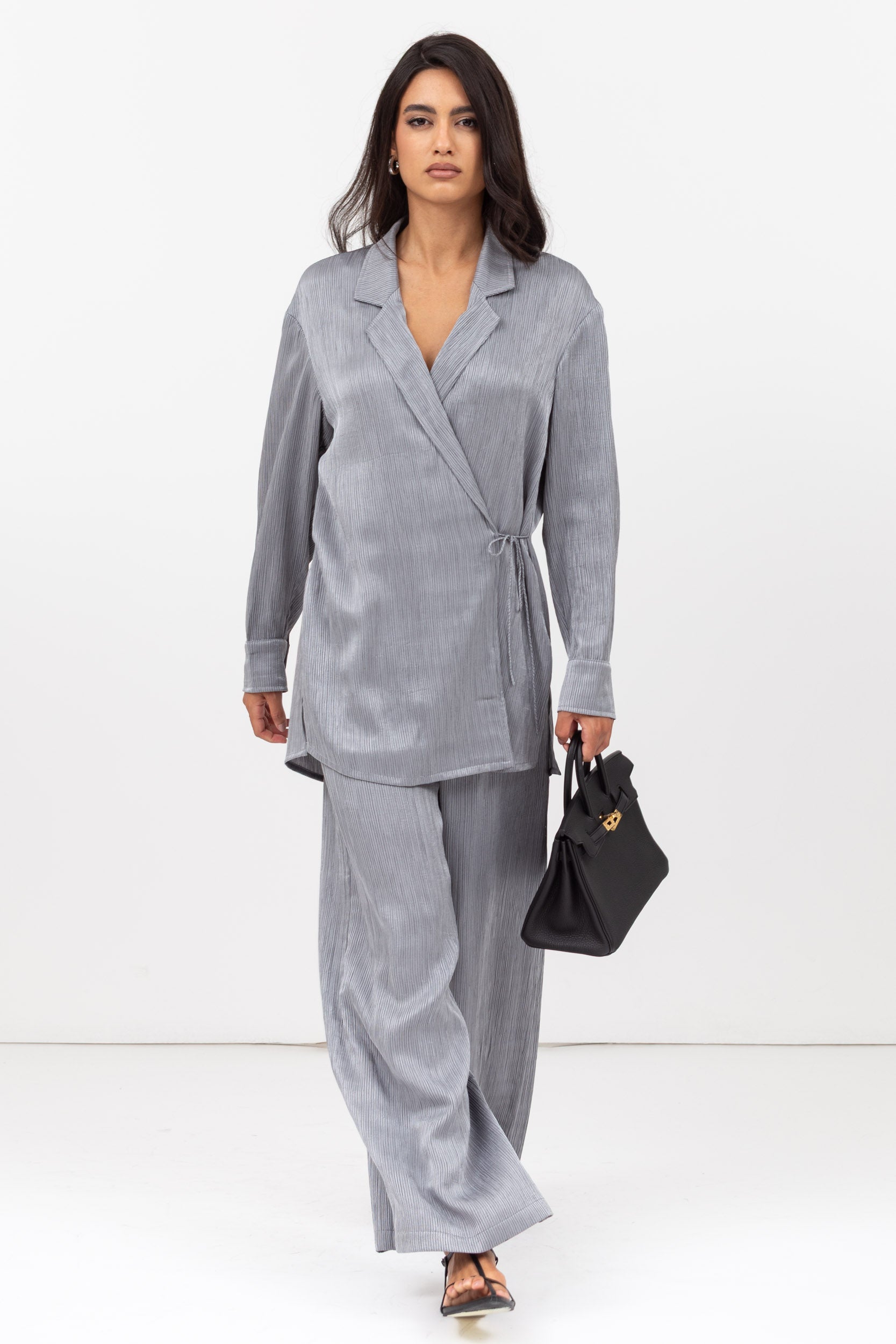 Travel Set : Side Tie Jacket and Pants in Textured Silver Grey