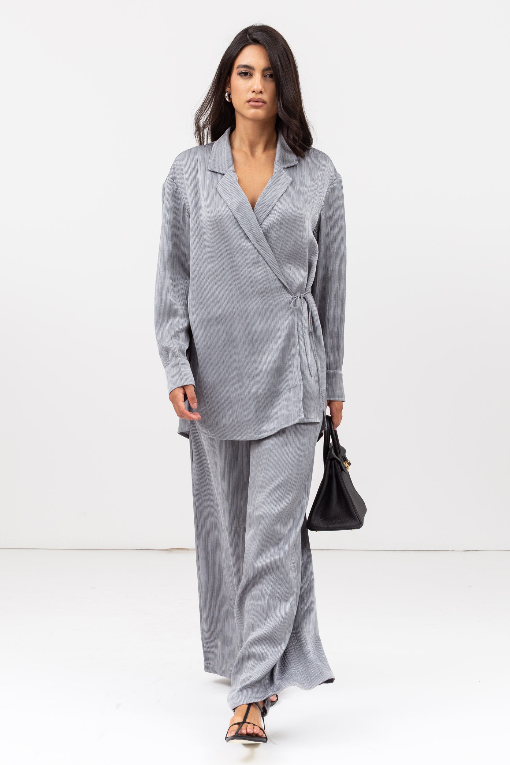 Travel Set : Side Tie Jacket and Pants in Textured Silver Grey