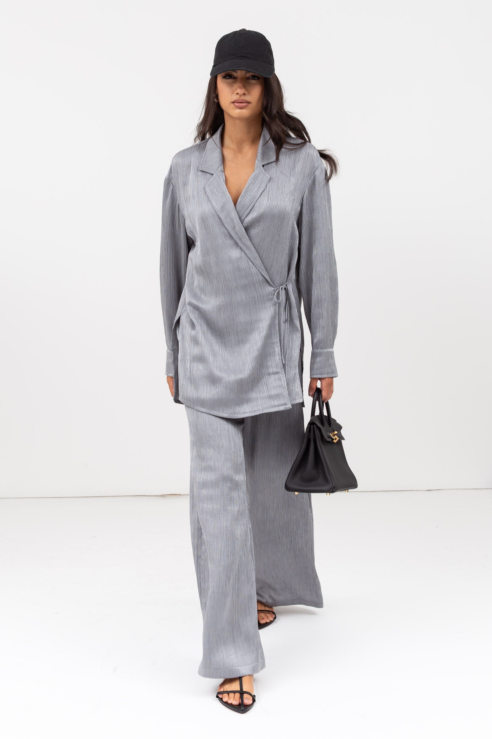 Travel Set : Side Tie Jacket and Pants in Textured Silver Grey