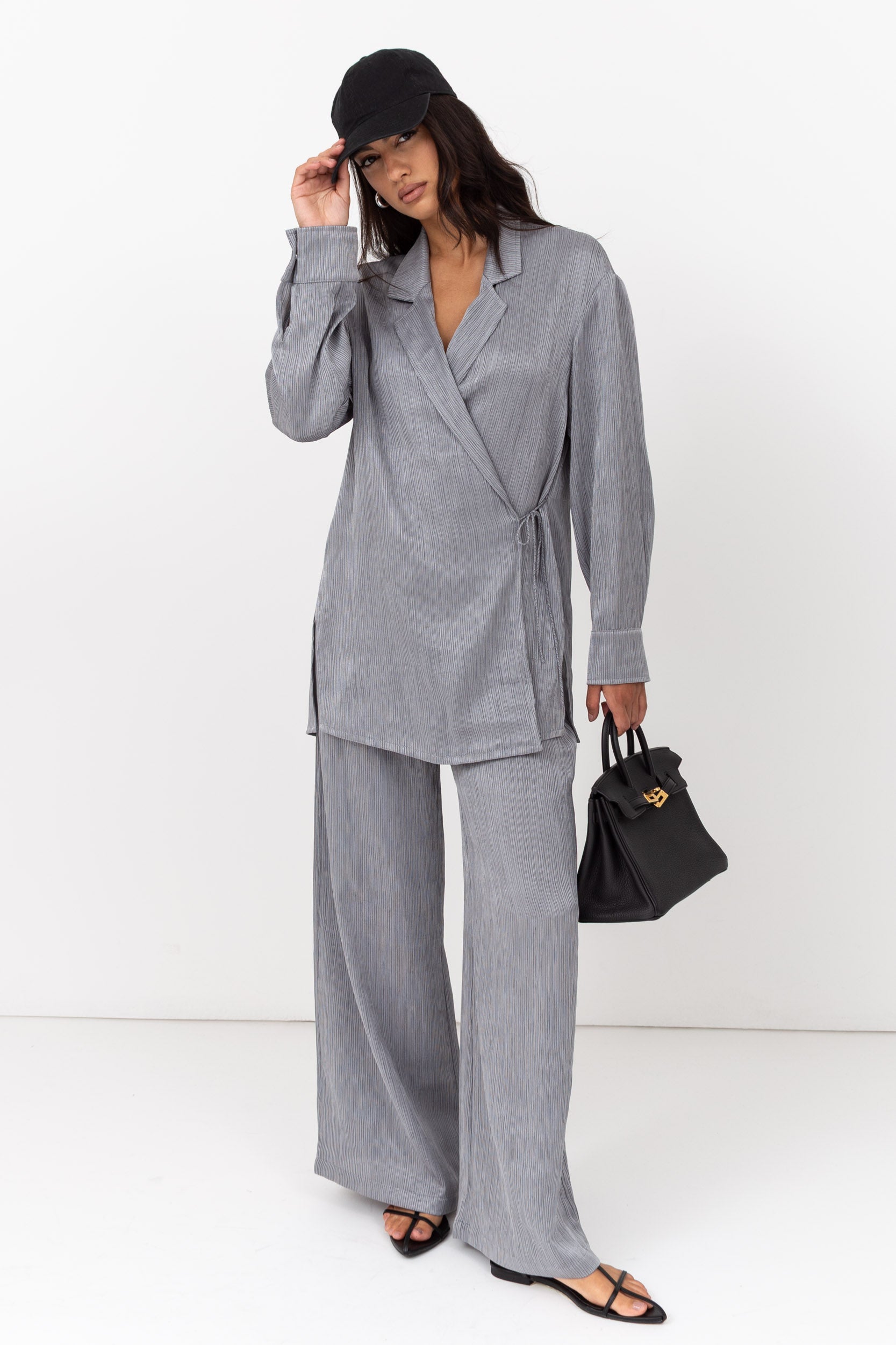 Travel Set : Side Tie Jacket and Pants in Textured Silver Grey