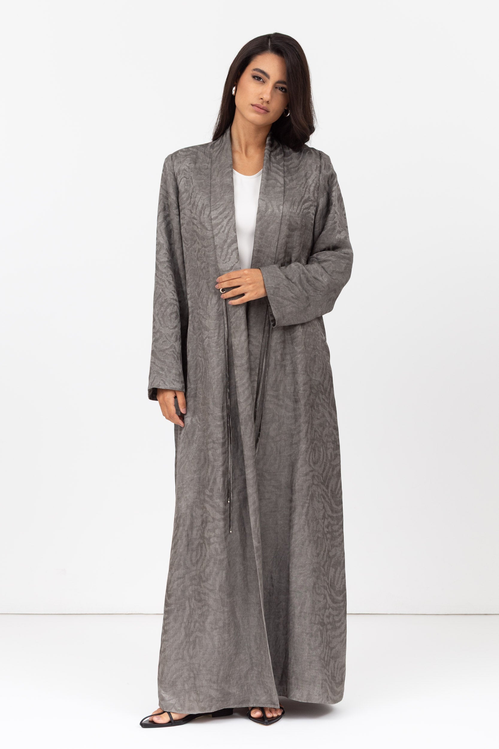 Flow Abaya in Slate Grey Pattern with Tassel - Button Details RTW