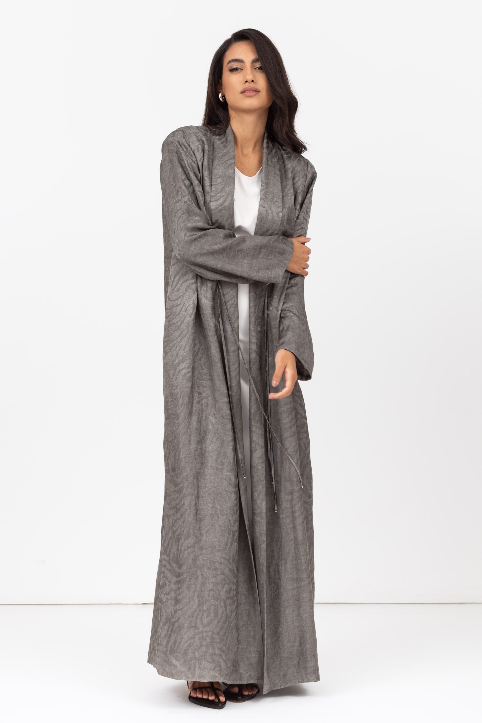 Flow Abaya in Slate Grey Pattern with Tassel - Button Details RTW