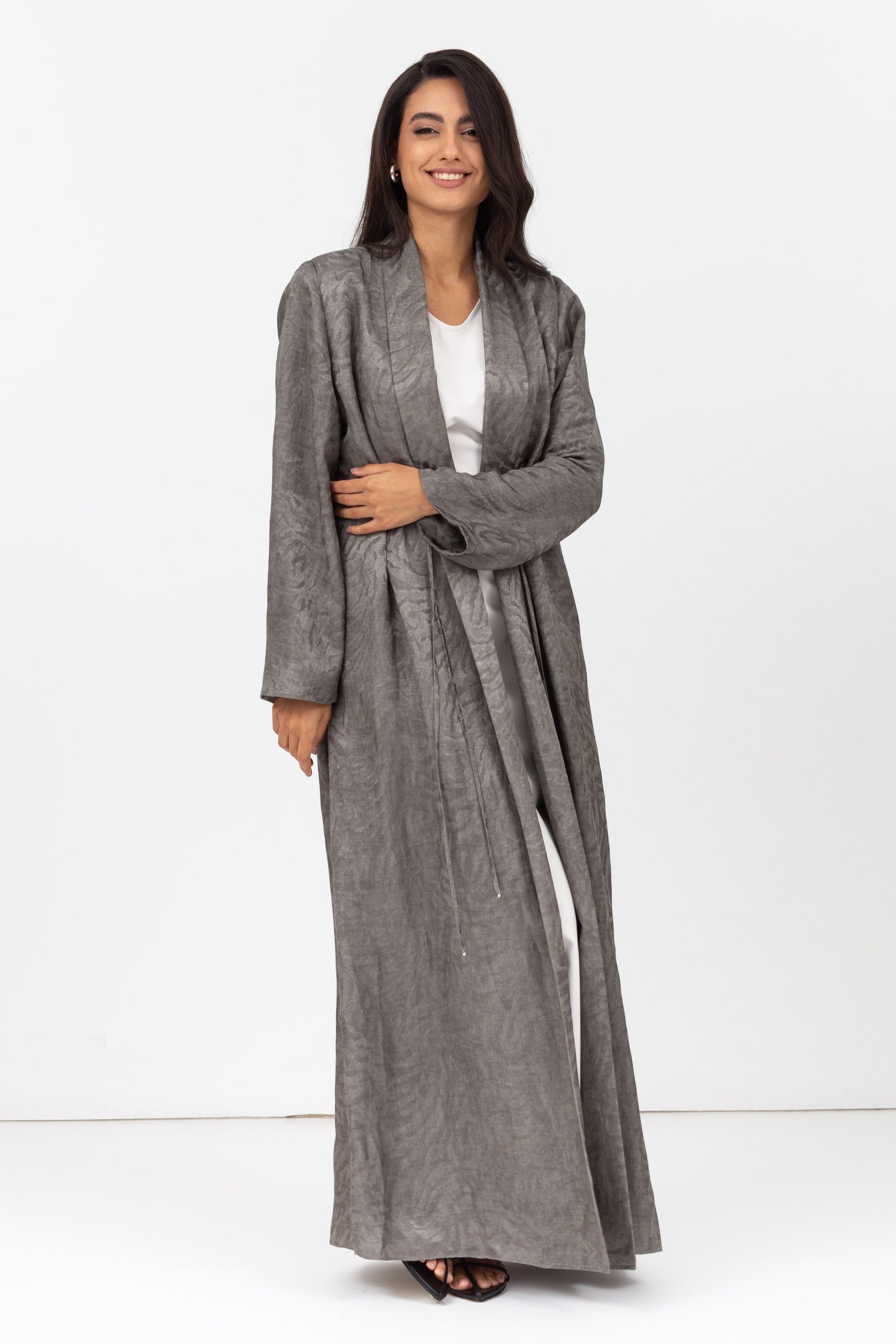 Flow Abaya in Slate Grey Pattern with Tassel - Button Details RTW