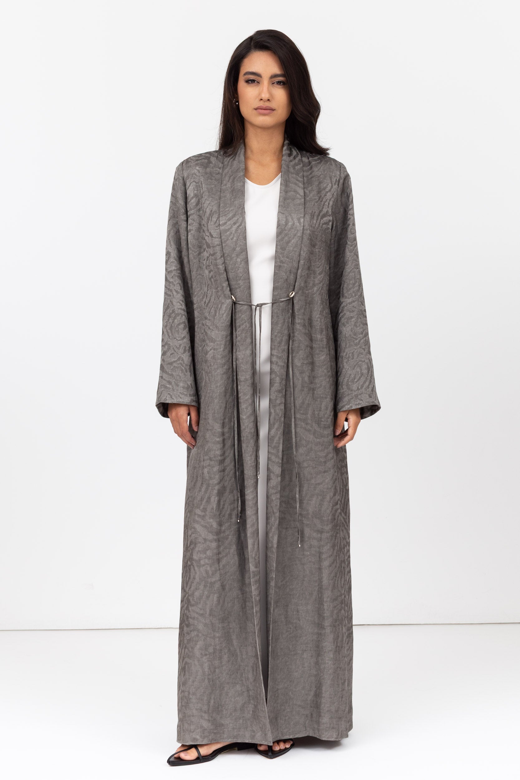 Flow Abaya in Slate Grey Pattern with Tassel - Button Details RTW