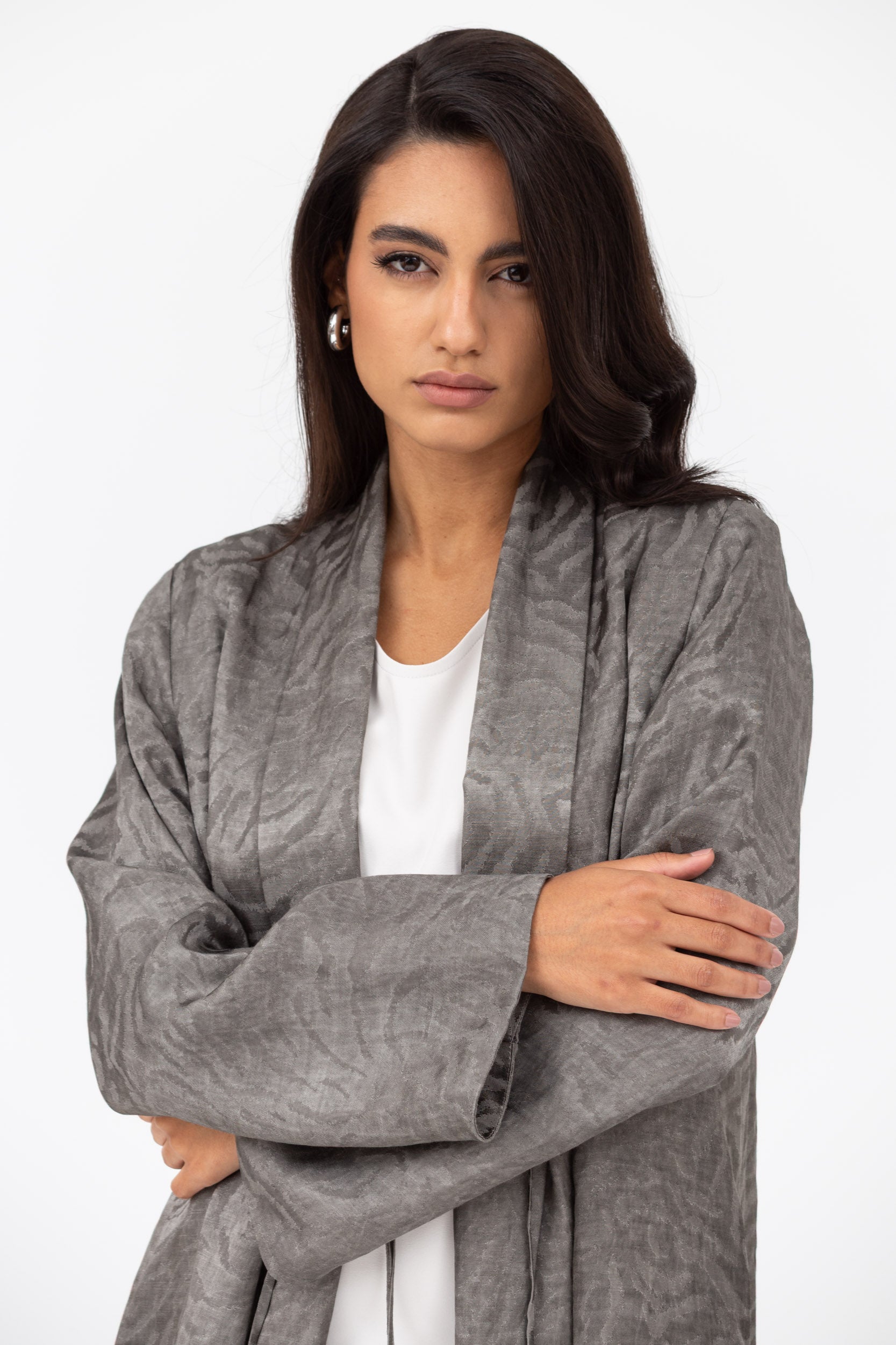 Flow Abaya in Slate Grey Pattern with Tassel - Button Details RTW