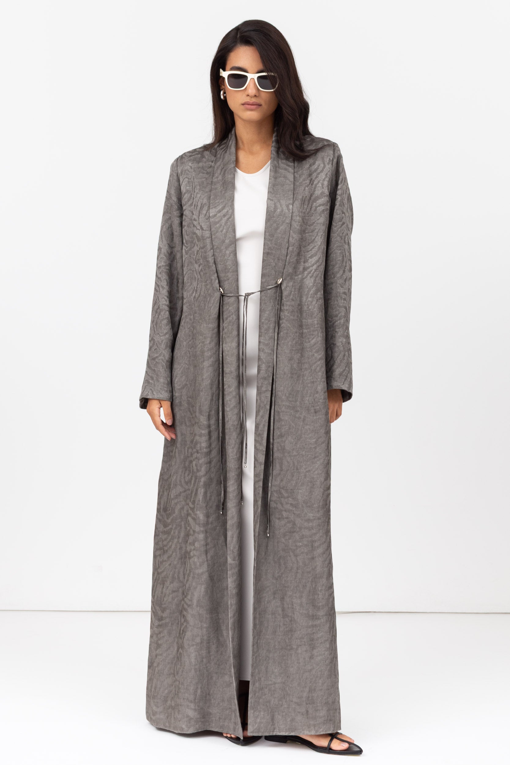 Flow Abaya in Slate Grey Pattern with Tassel - Button Details RTW