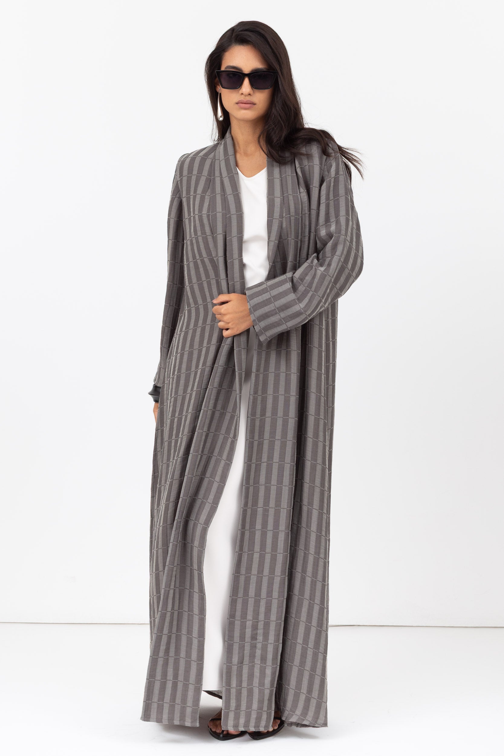 Stripe Abaya in Textured Olive Grey and White RTW