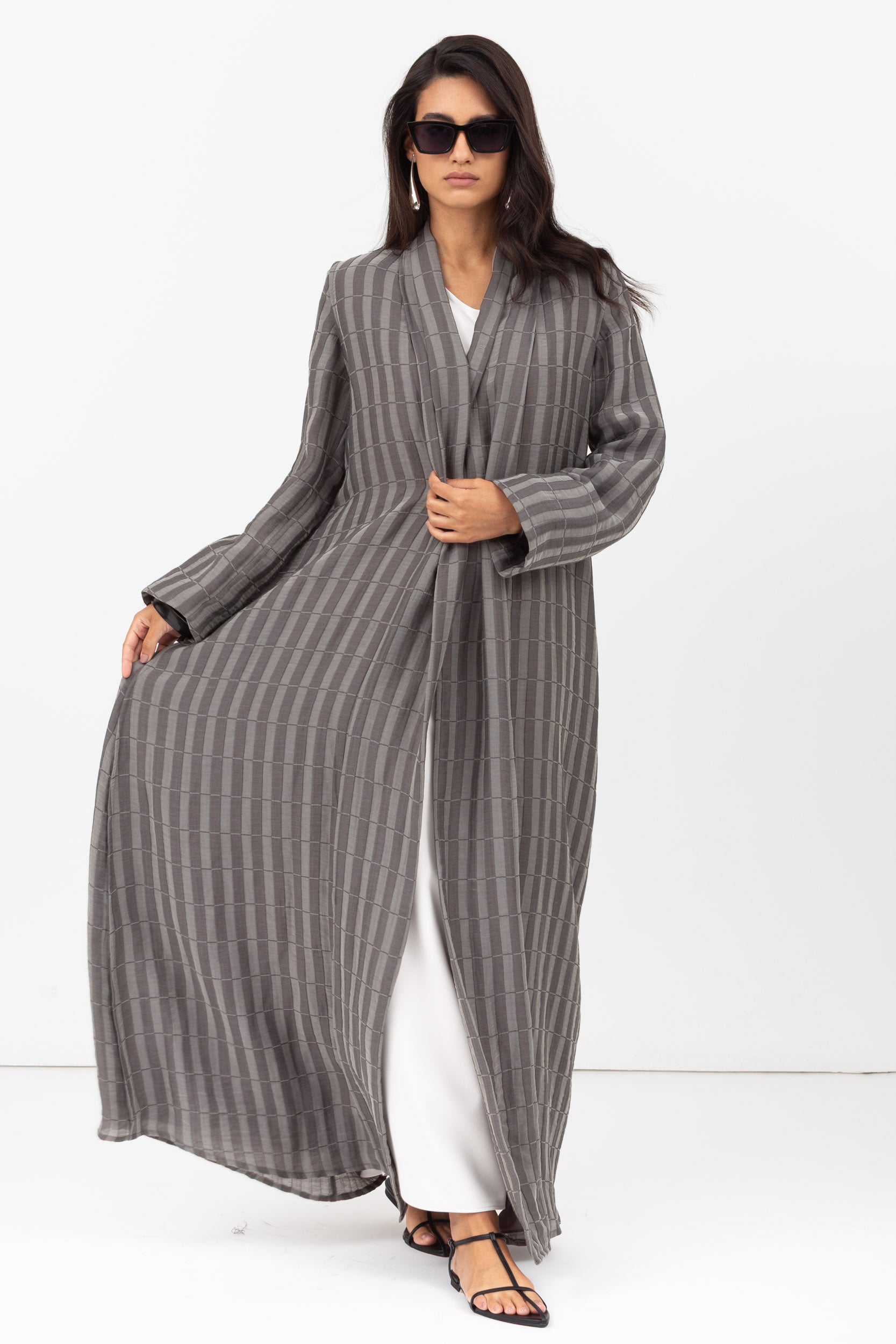 Stripe Abaya in Textured Olive Grey and White RTW