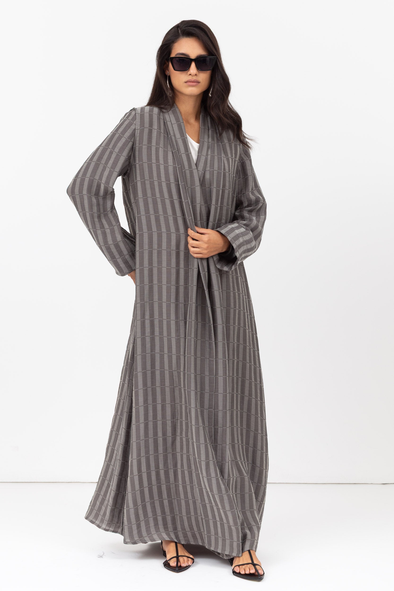 Stripe Abaya in Textured Olive Grey and White RTW