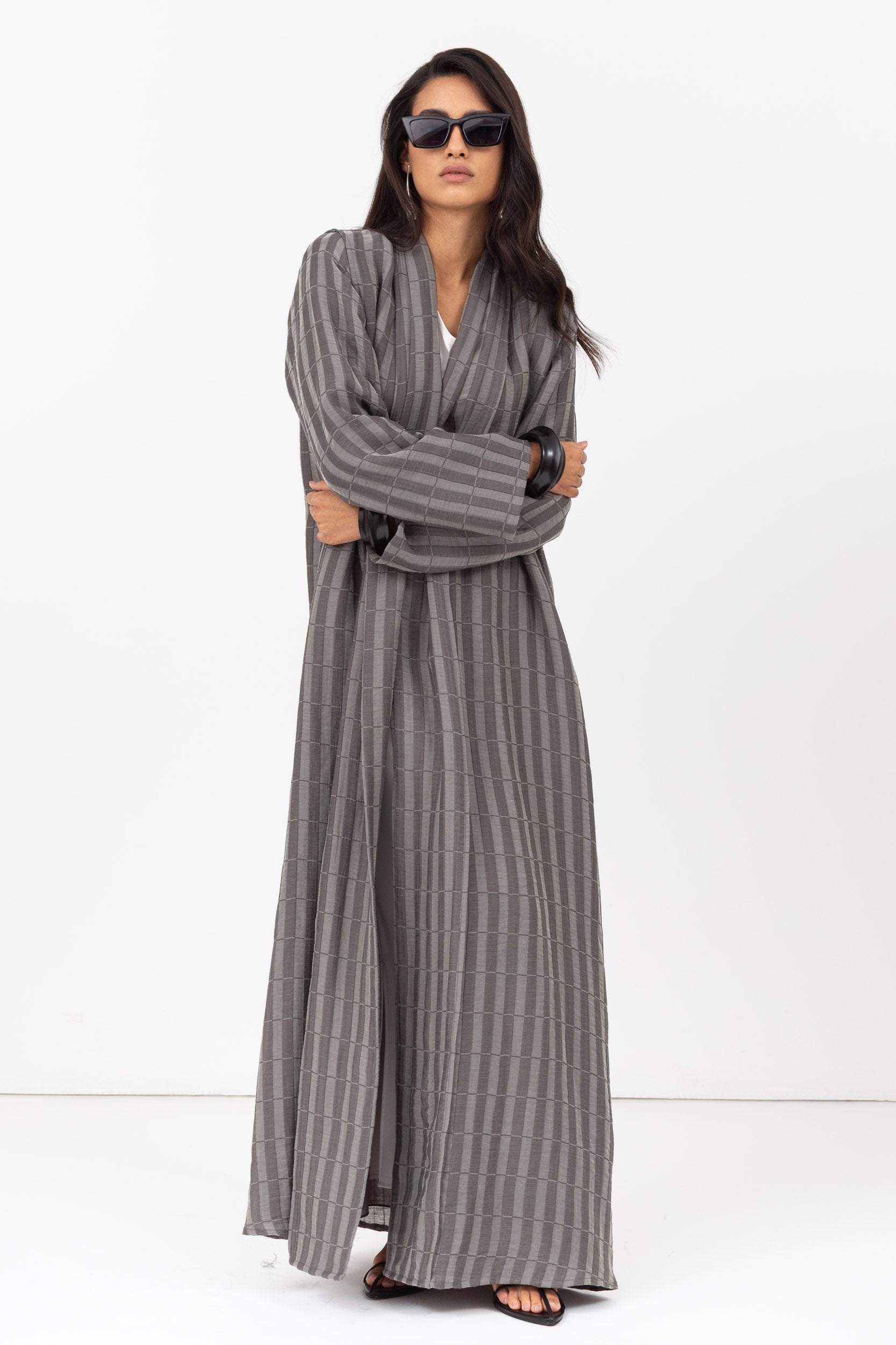 Stripe Abaya in Textured Olive Grey and White RTW