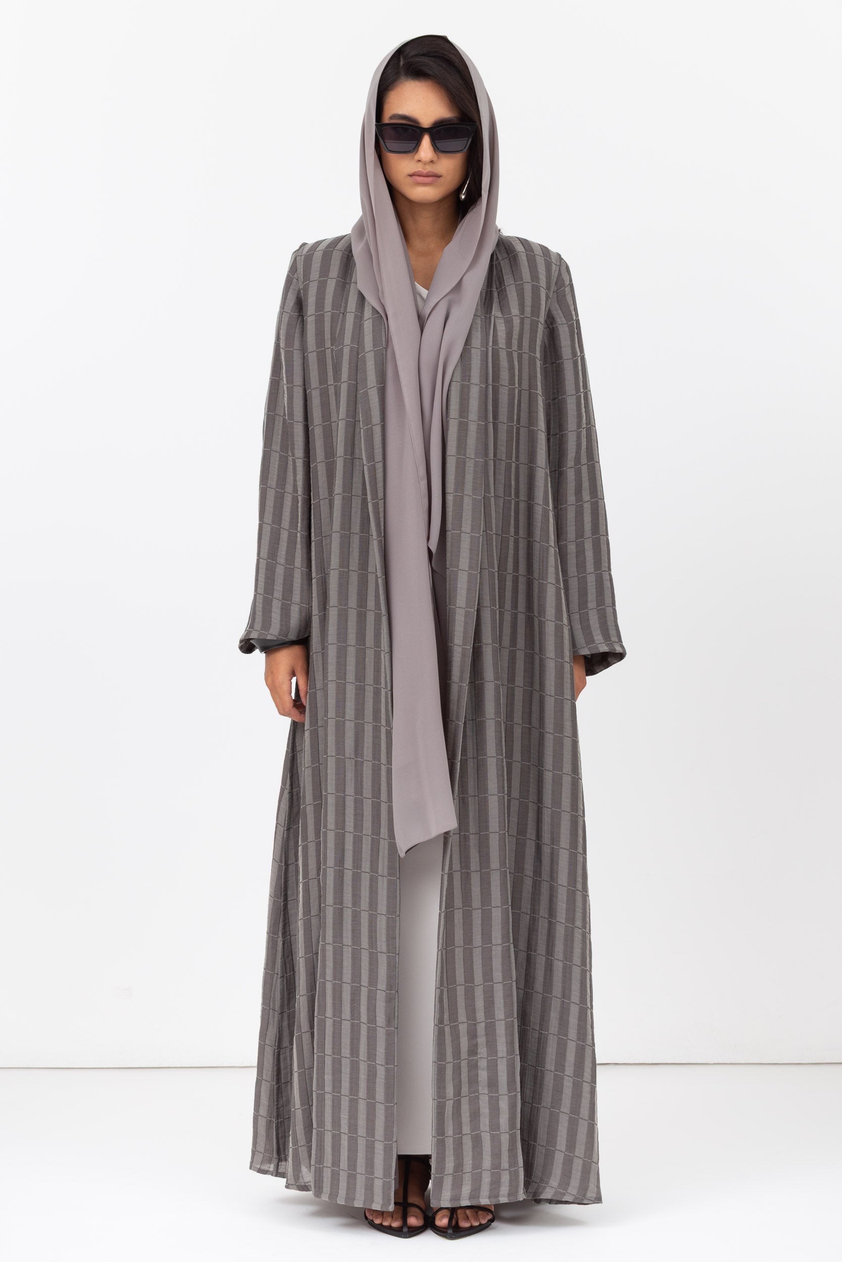 Stripe Abaya in Textured Olive Grey and White RTW