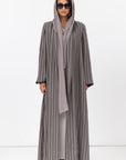 Stripe Abaya in Textured Olive Grey and White RTW