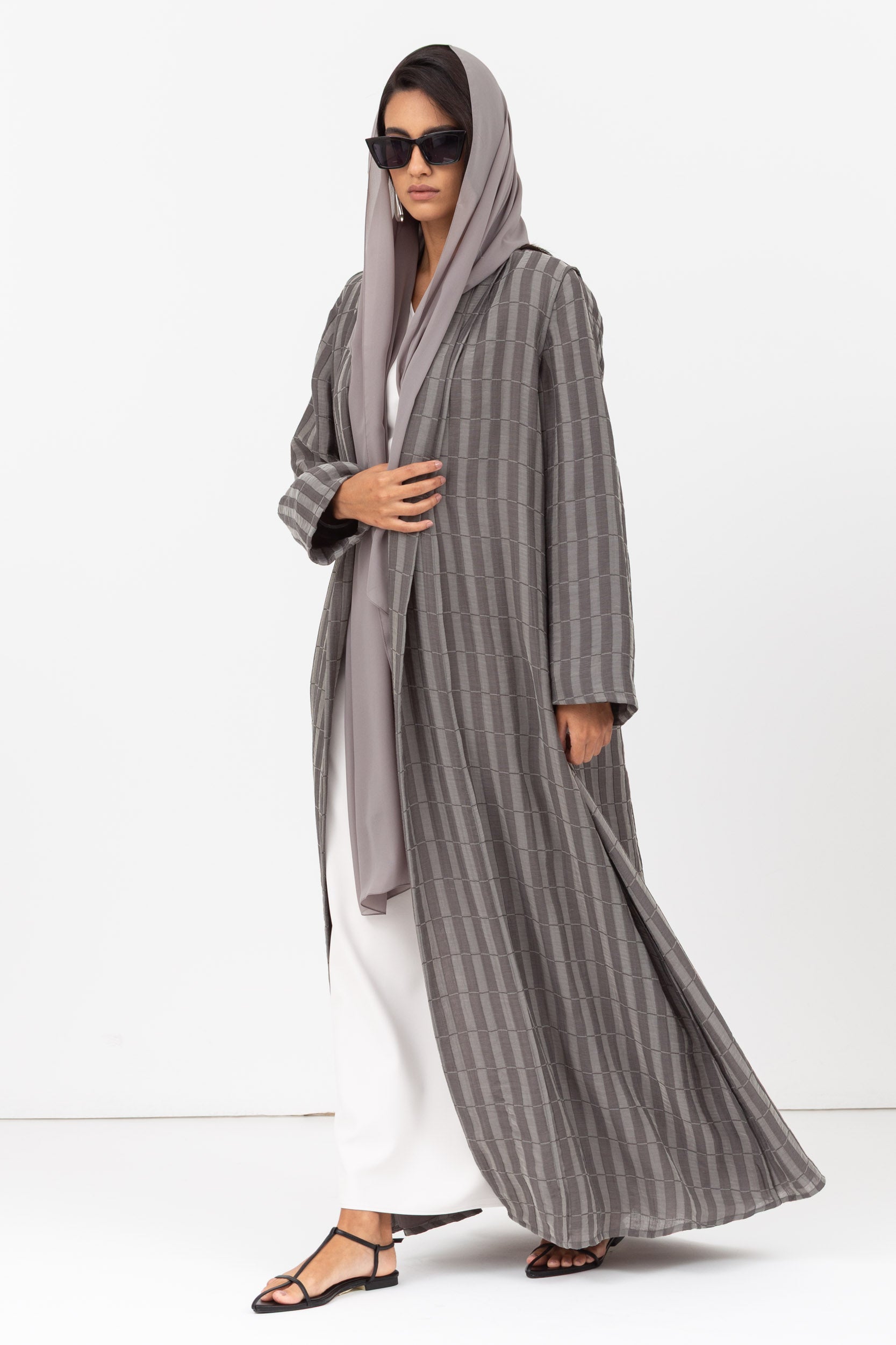 Stripe Abaya in Textured Olive Grey and White RTW