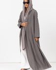Stripe Abaya in Textured Olive Grey and White RTW