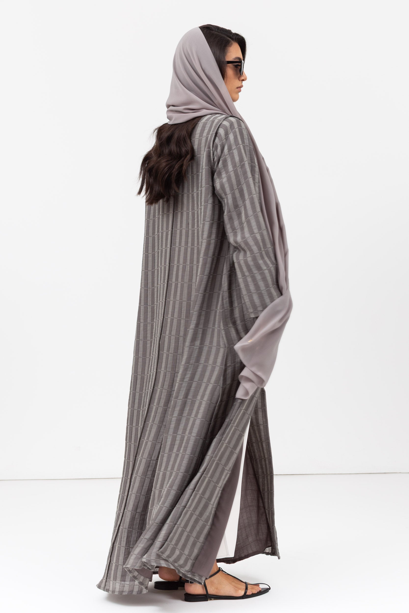 Stripe Abaya in Textured Olive Grey and White RTW