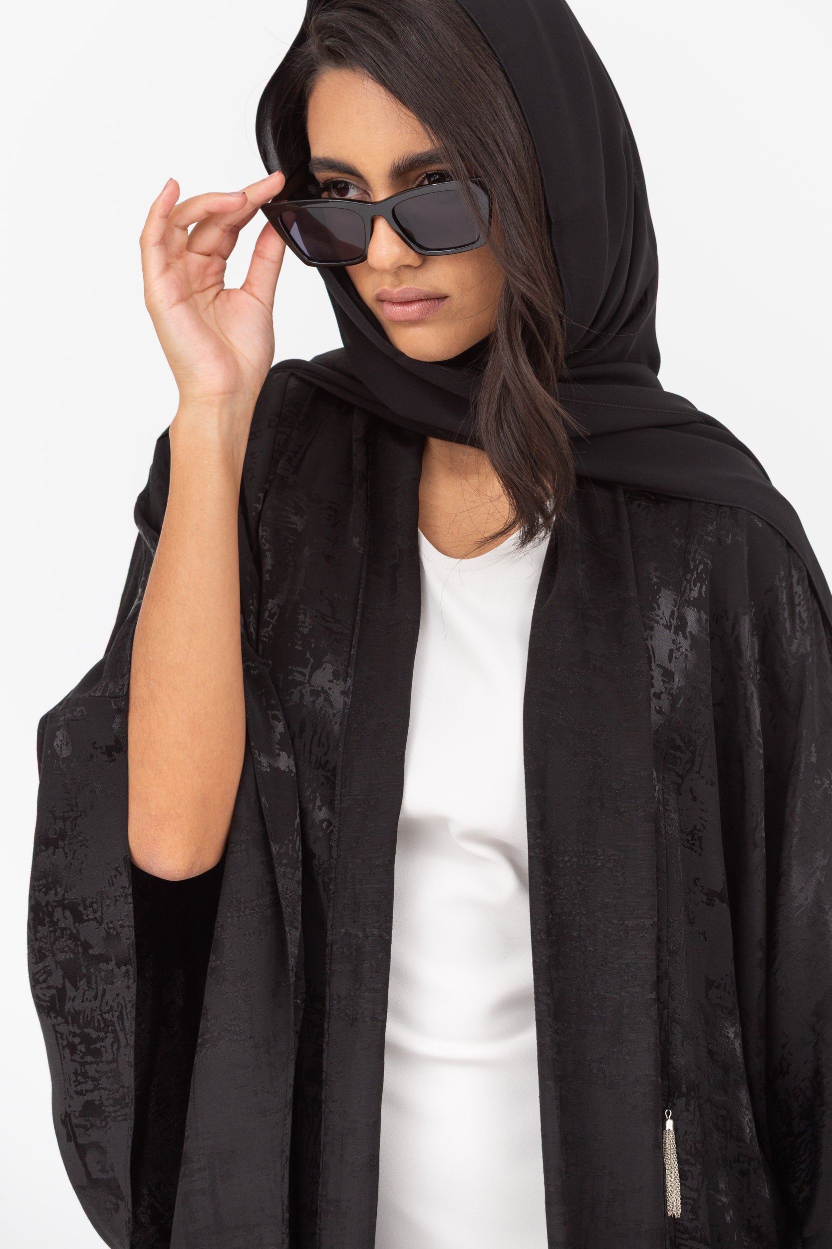 Flow Abaya in Jacquard Black with Metallic Tassel RTW