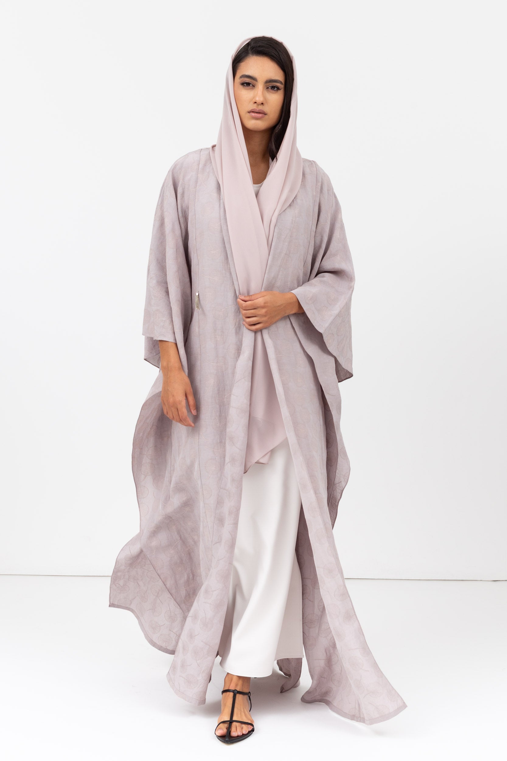Blush Pink Jacquard Linen Flow Abaya RTW